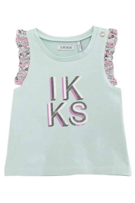 BABY GIRLS’ AQUA GREEN VEST TOP, FLOWERS ON SHOULDERS 1