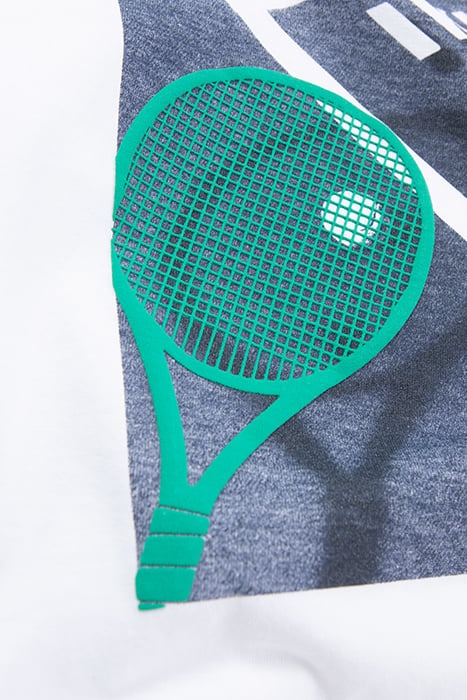 BOYS’ WHITE ORGANIC COTTON T-SHIRT, FLOCKED TENNIS RACKET 5