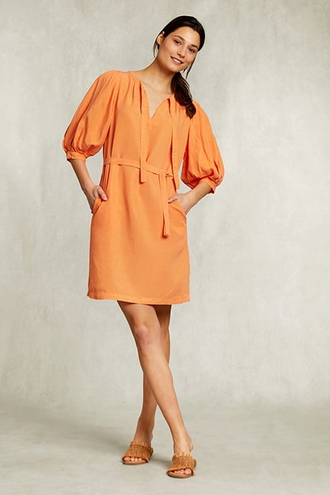 ORANGE LINEN V-NECK DRESS 3/4 SLEEVES ORANGE 1