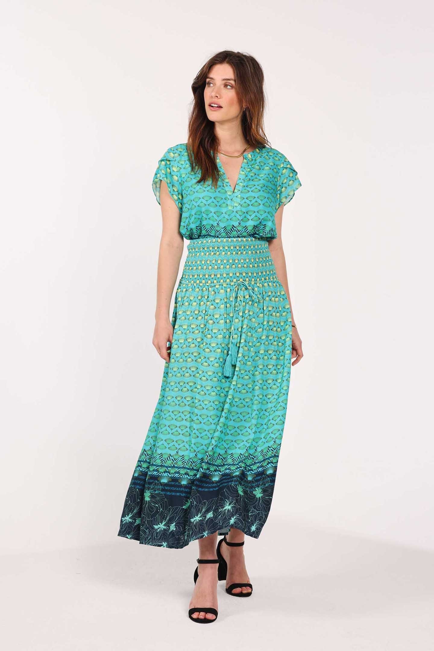 SMOCKED SKIRT MAGIC CERAMIC GREEN WITH FLOWERFAN PRINT 1