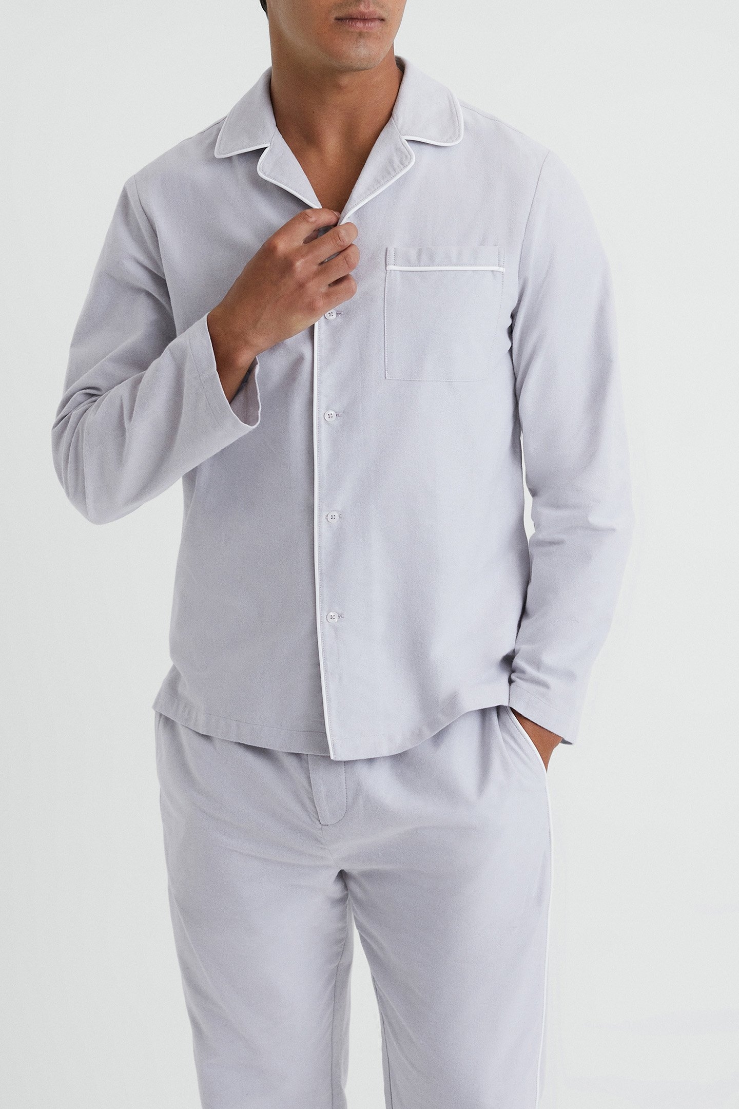 LS COTTON NIGHTWEAR SHIRT WITH PIPING ICE GREY 1