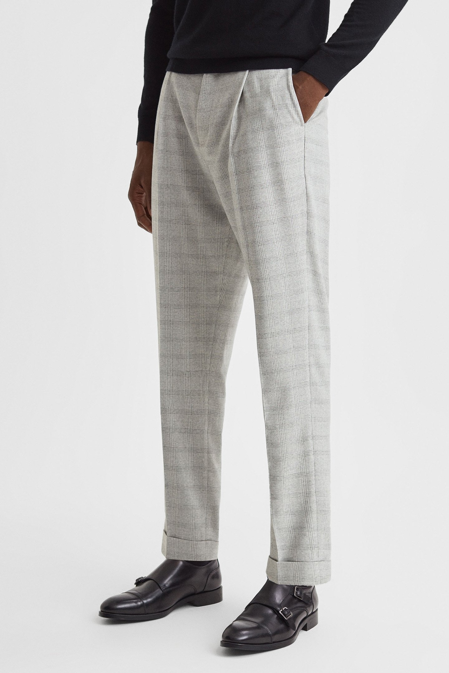 PRICE OF WALES CHECK SIDE ADJUSTER TROUSER SOFT GREY 1