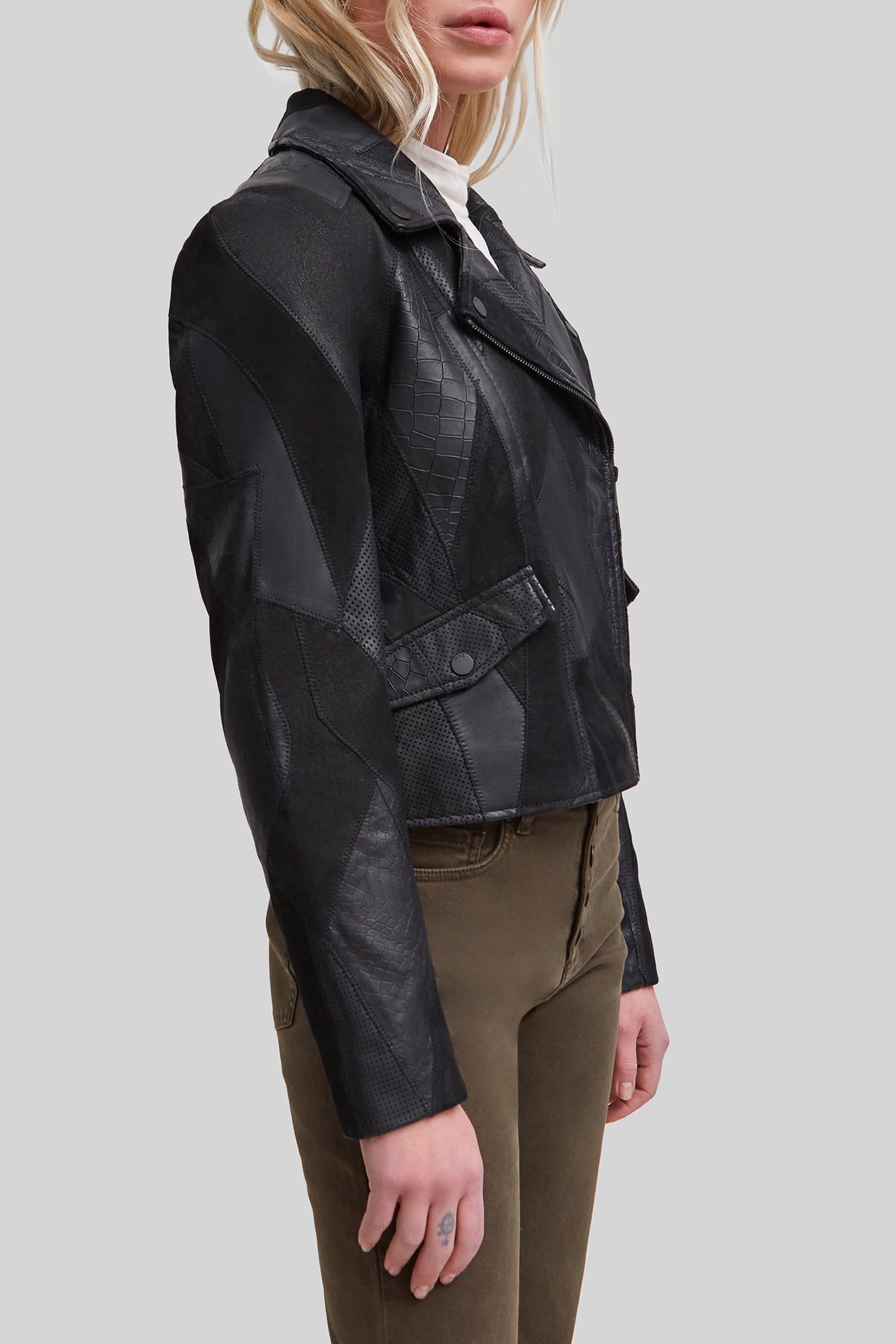 BLACK LEATHER PATCHWORK-LOOK BIKER-STYLE JACKET 5