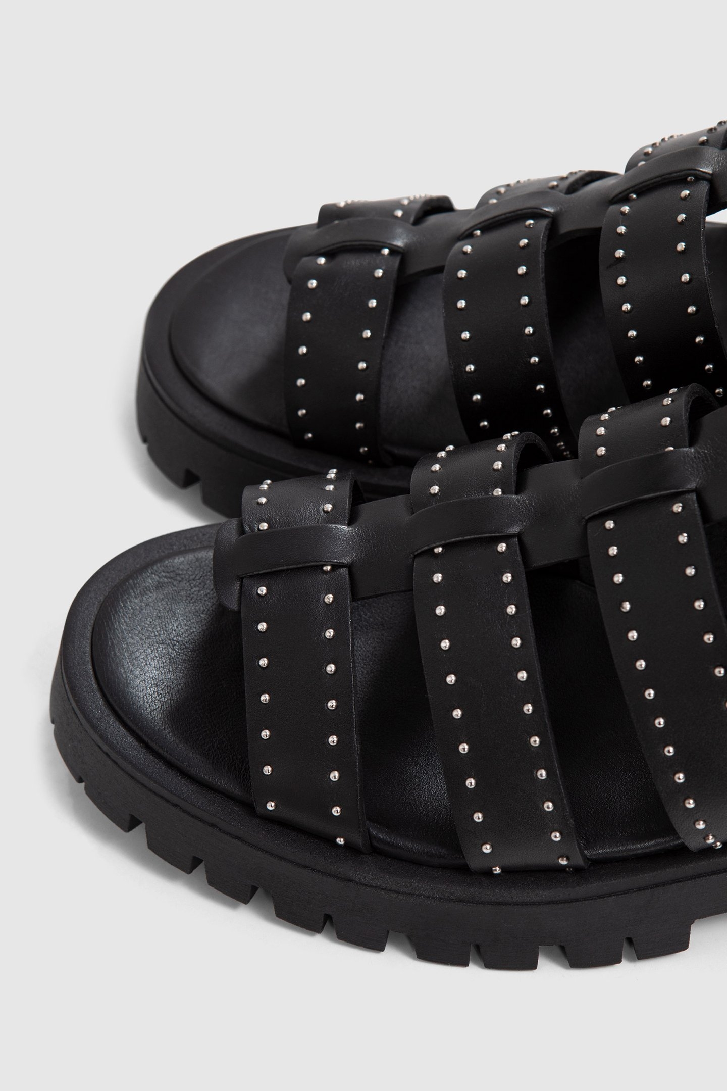 BLACK LEATHER CHUNKY SANDALS, STUDDED MULTI STRAPS 6