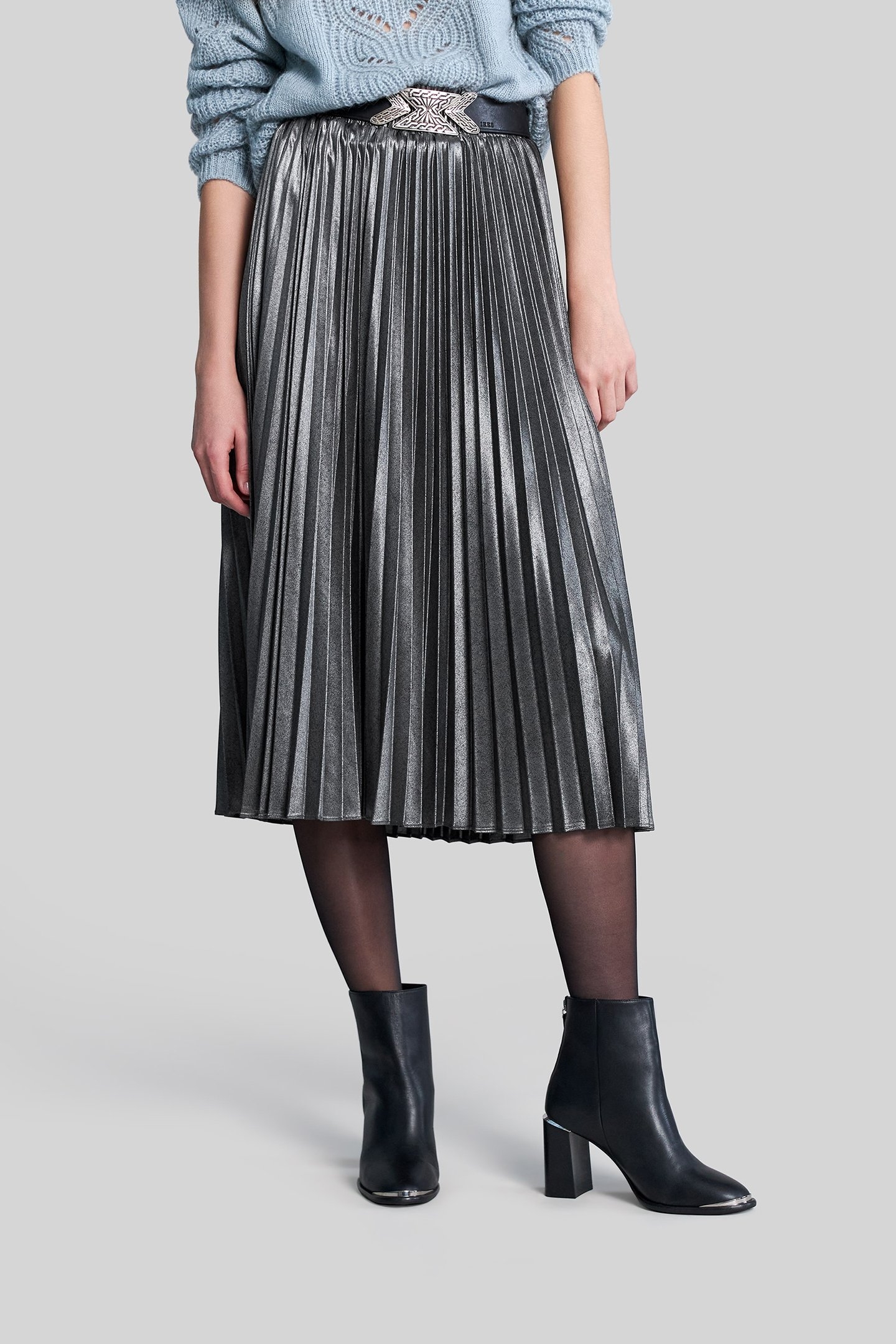 SILVER PLEATED MIDI SKIRT 1