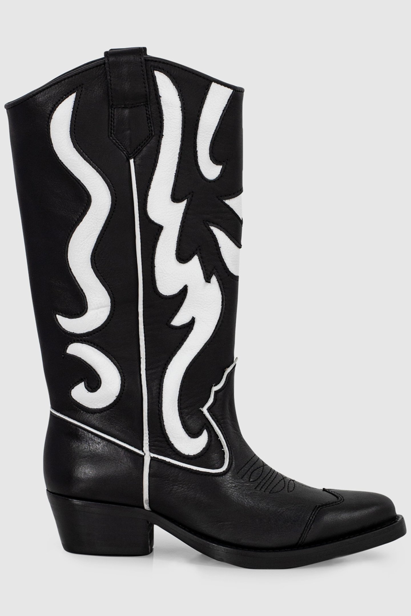 BLACK & WHITE LEATHER COWBOY BOOTS, WESTERN SEAMS 1