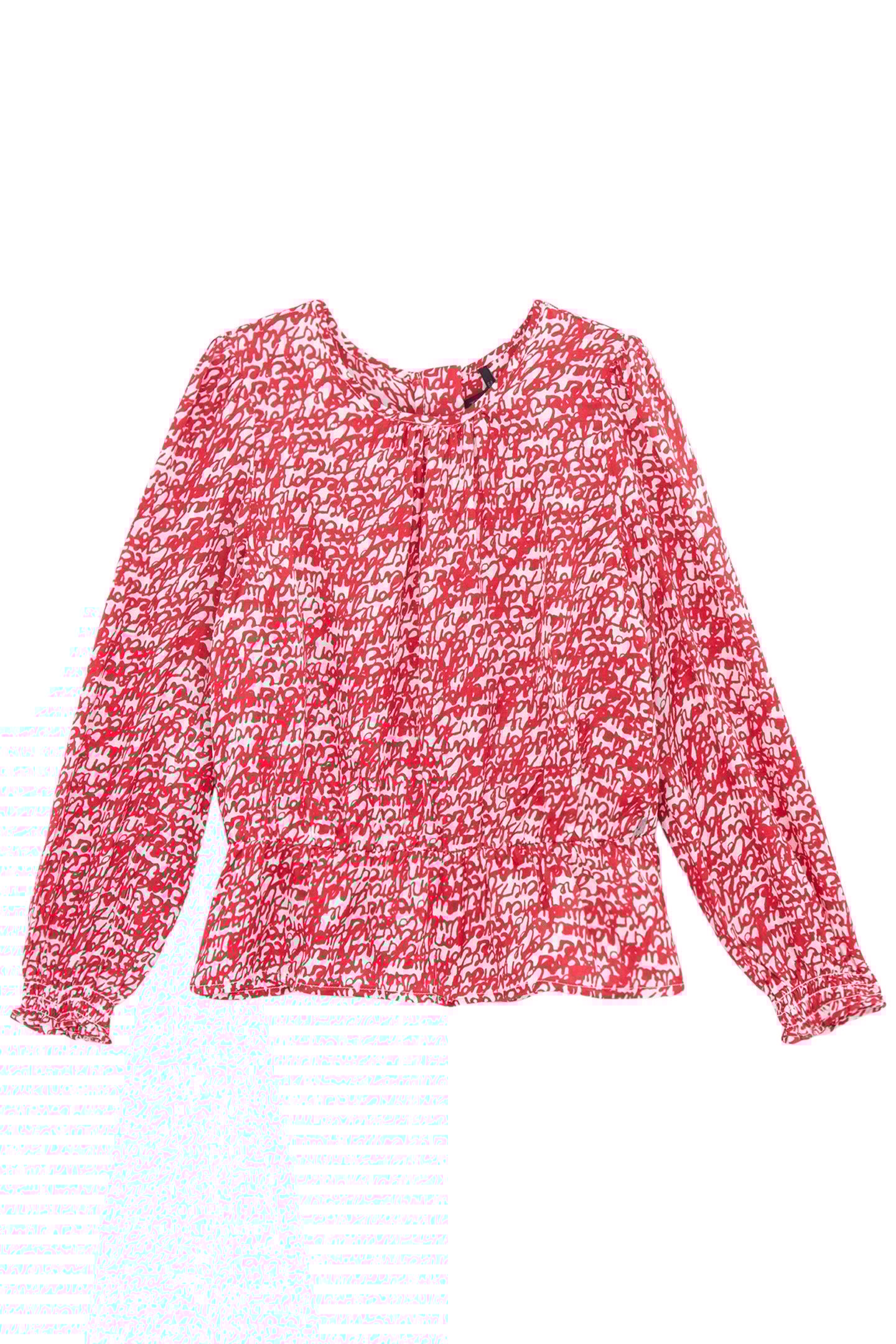 GIRLS’ RED RUFFLED BLOUSE WITH TAG PRINT 1