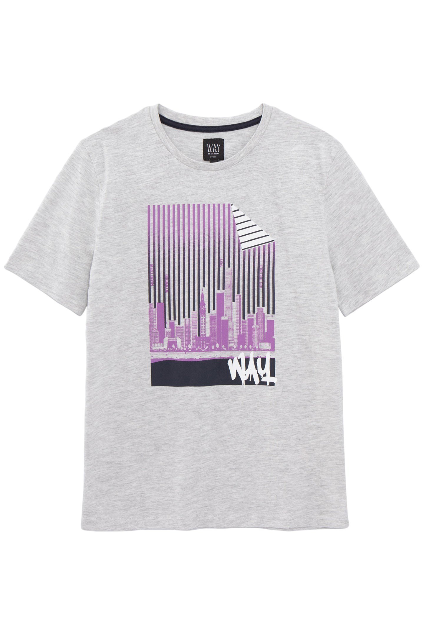 BOYS' GREY ORGANIC COTTON T-SHIRT, STRIPED MIAMI IMAGE 1