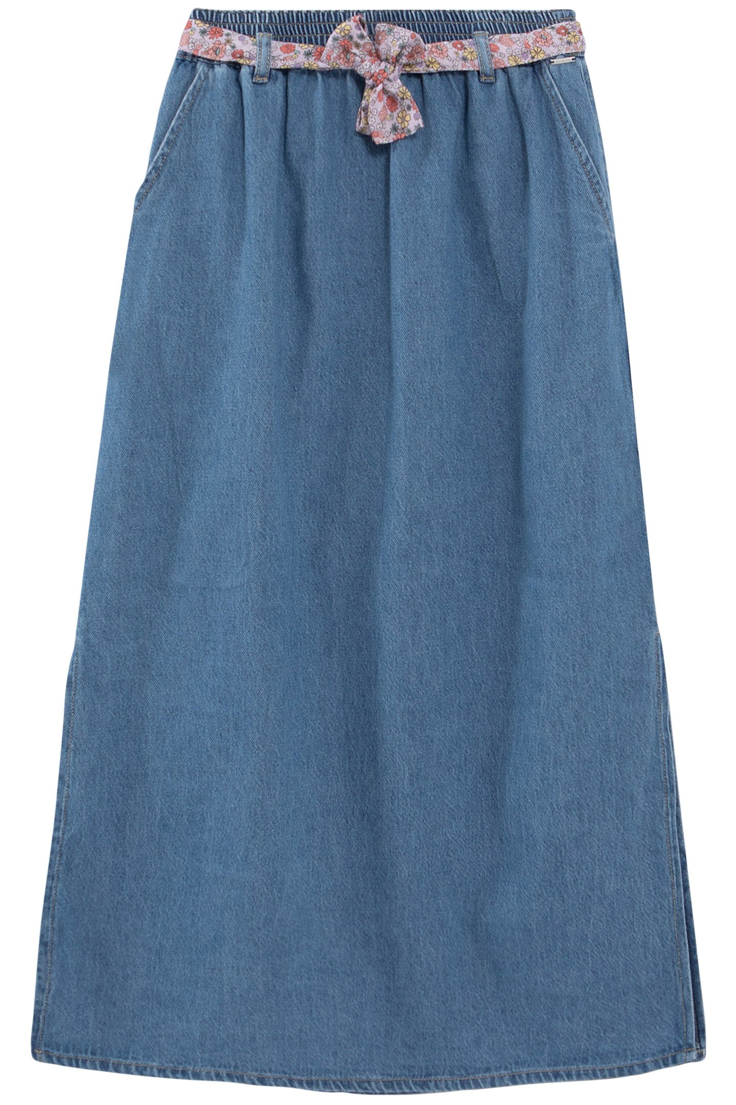 GIRLS’ BLUE DENIM LONG SKIRT WITH FLOWER POWER BELT 1