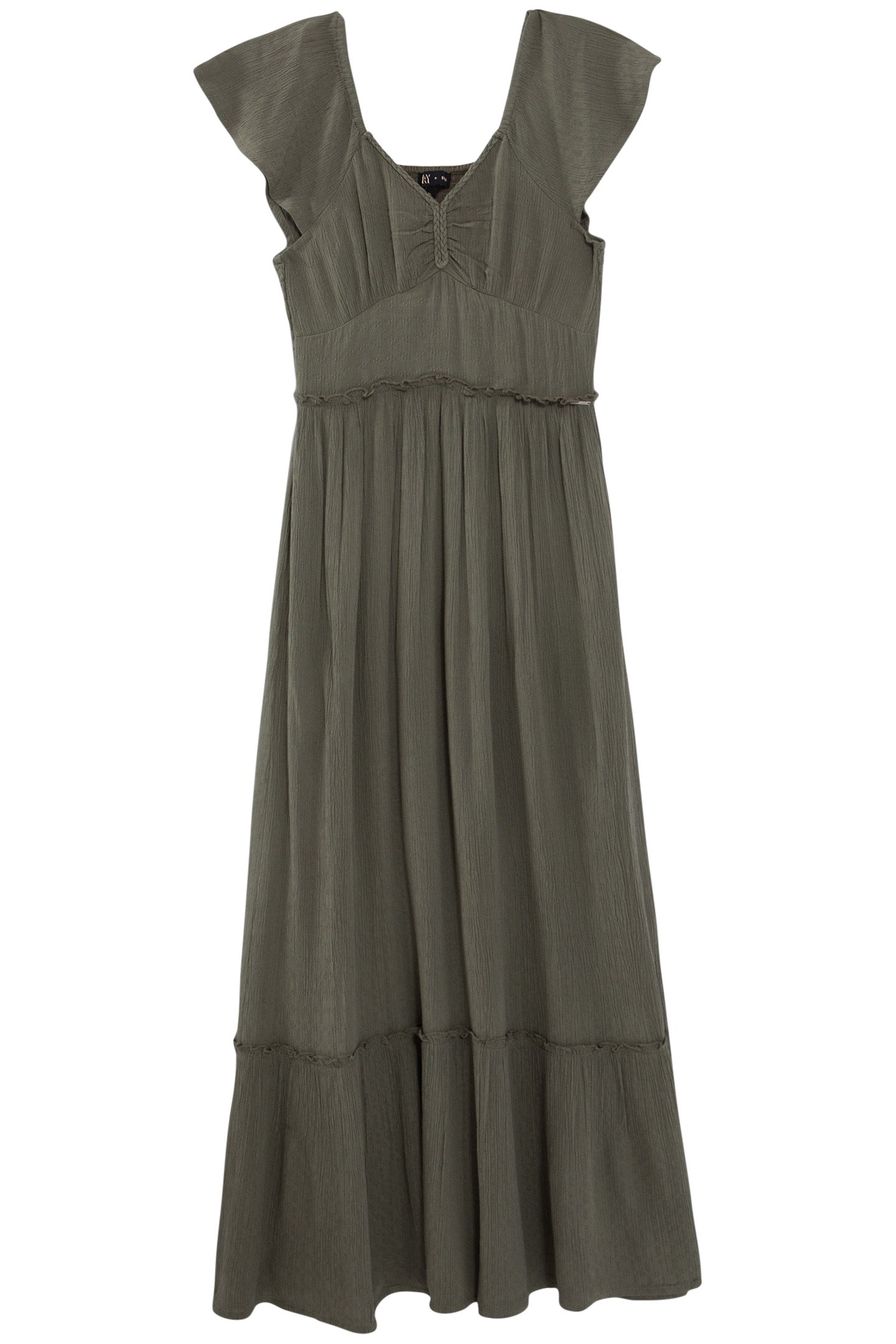 GIRLS’ KHAKI CREPE LONG DRESS WITH WOVEN DECOR 1