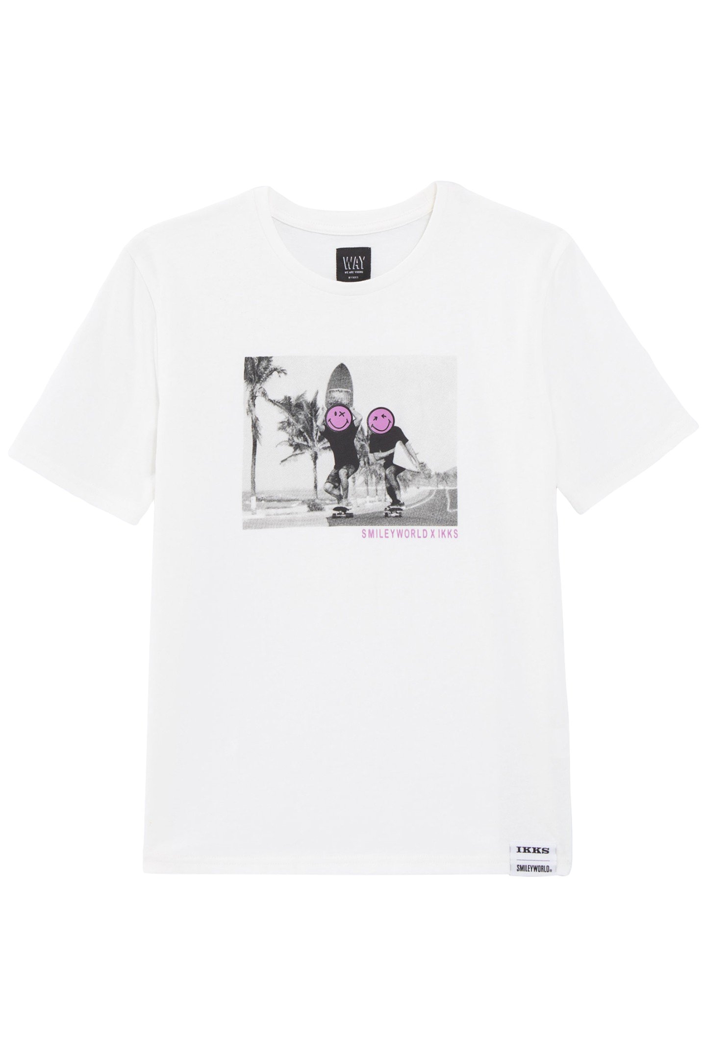 BOYS’ WHITE ORGANIC COTTON T-SHIRT, SMILEYWORLD SKATERS PHOT 1