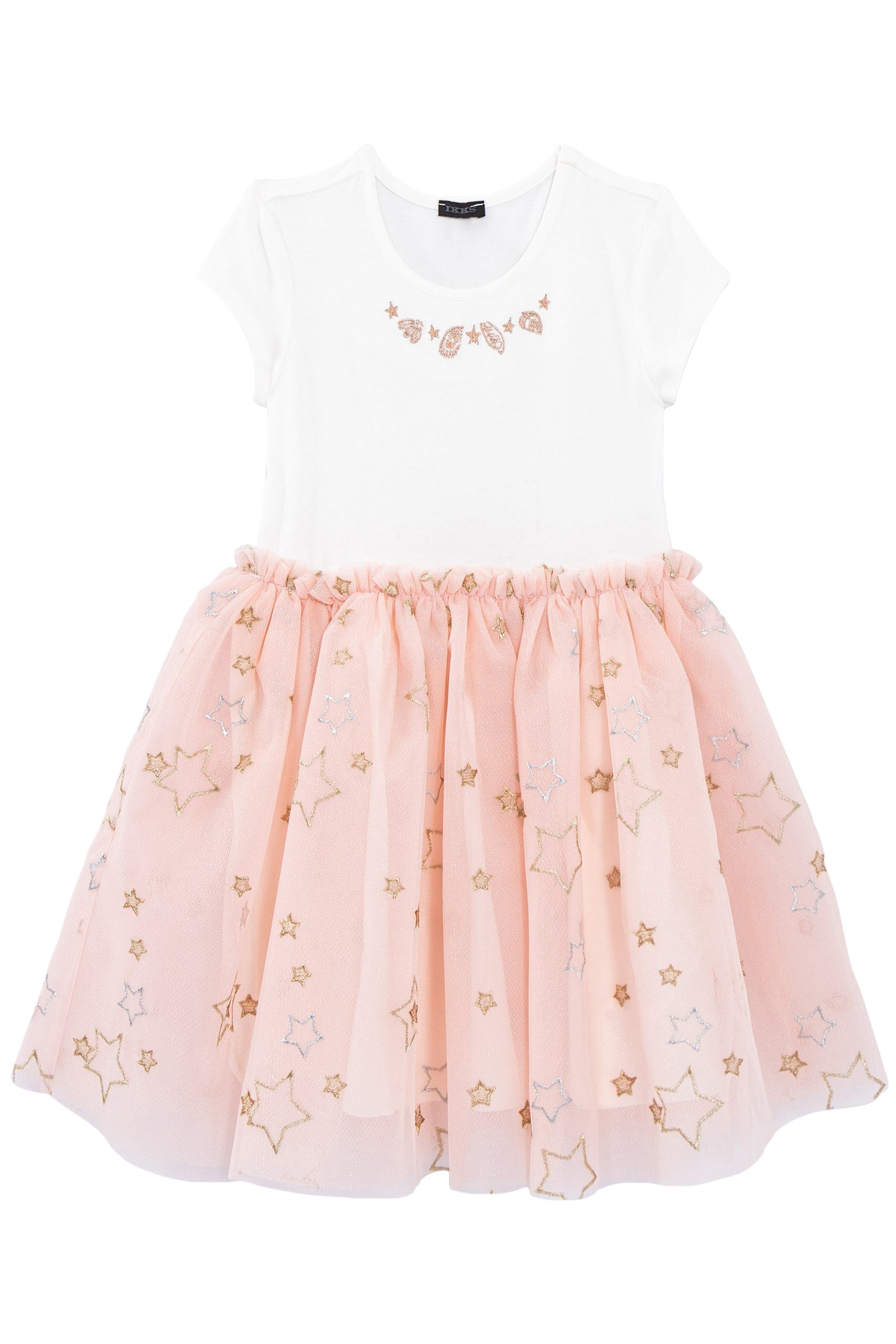 GIRLS’ TWO-TONE MIXED FABRIC DRESS WITH EMBROIDERED TULLE 1