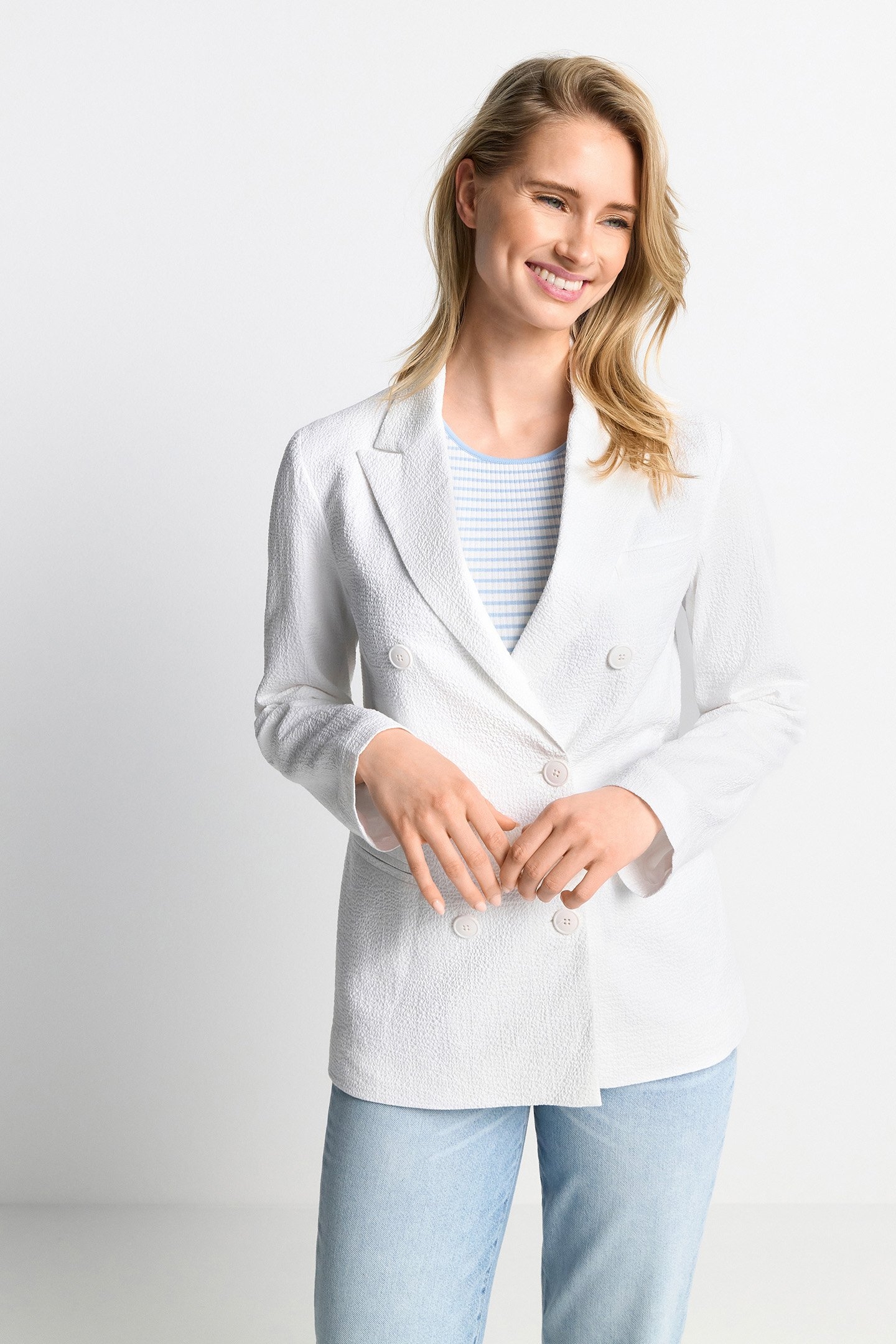 SEERSUCKER DOUBLE BREASTED BLAZER ORGANIC WHITE 1