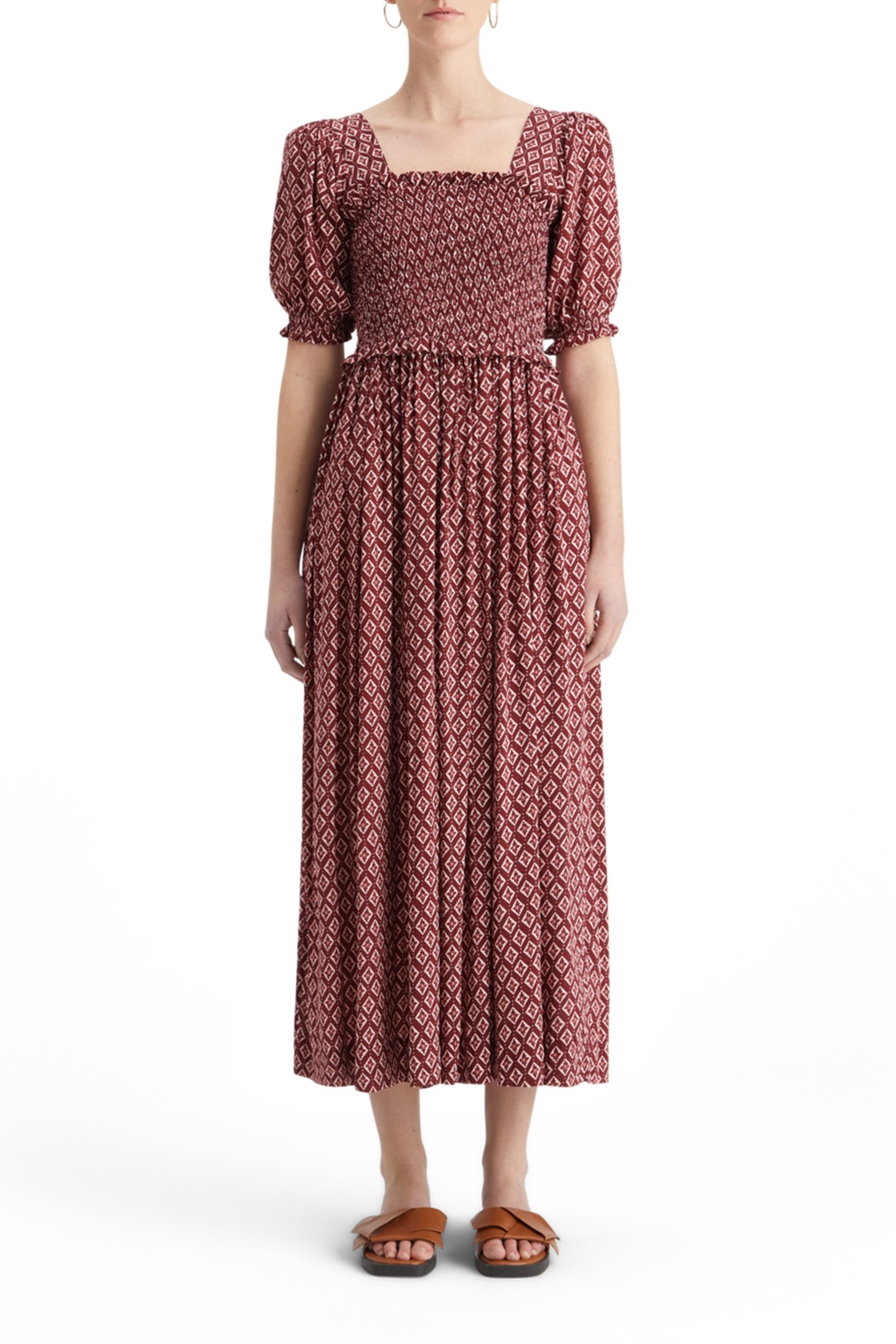 MAXI DRESS WITH SMOCK GEO FLOWER BORDEAUX 1