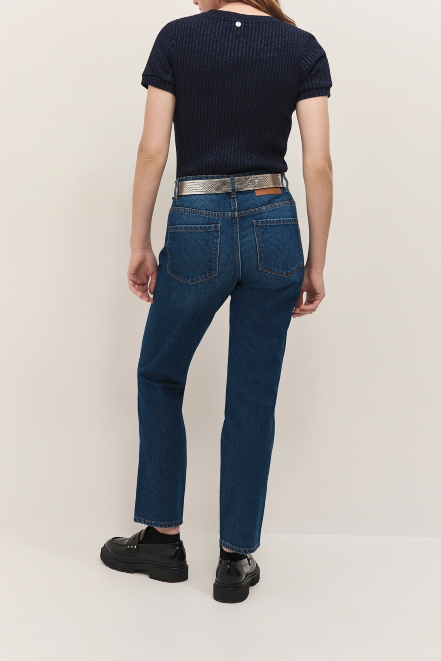 MILESI - NAVY RIBBED LUREX MESH T-SHIRT, SHORT SLEEVES 3