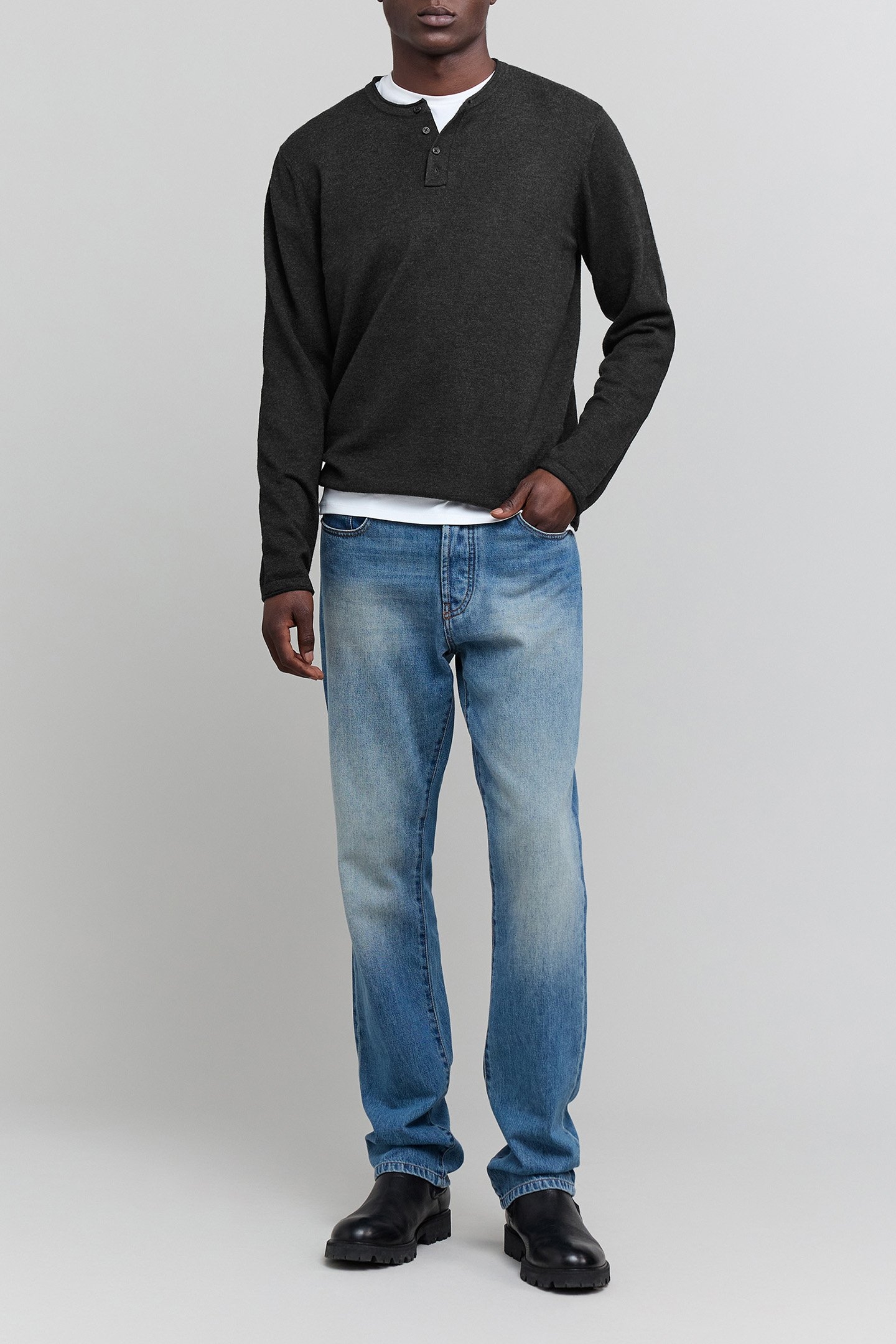 CHARCOAL KNIT BUTTON-NECK SWEATER WITH ROLLED EDGES 3