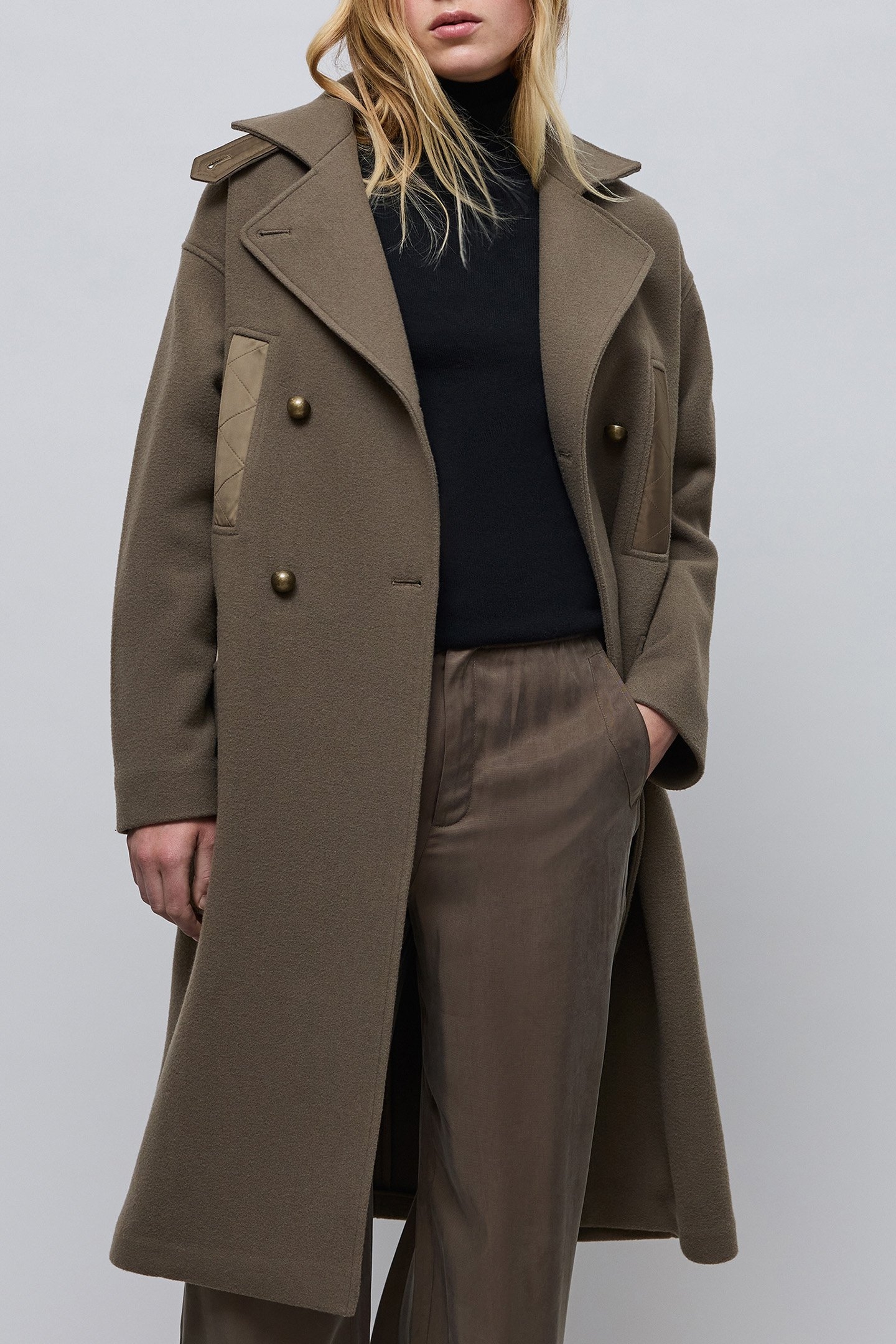 LONG KHAKI PEA COAT WITH STITCHED NYLON DETAILS 1