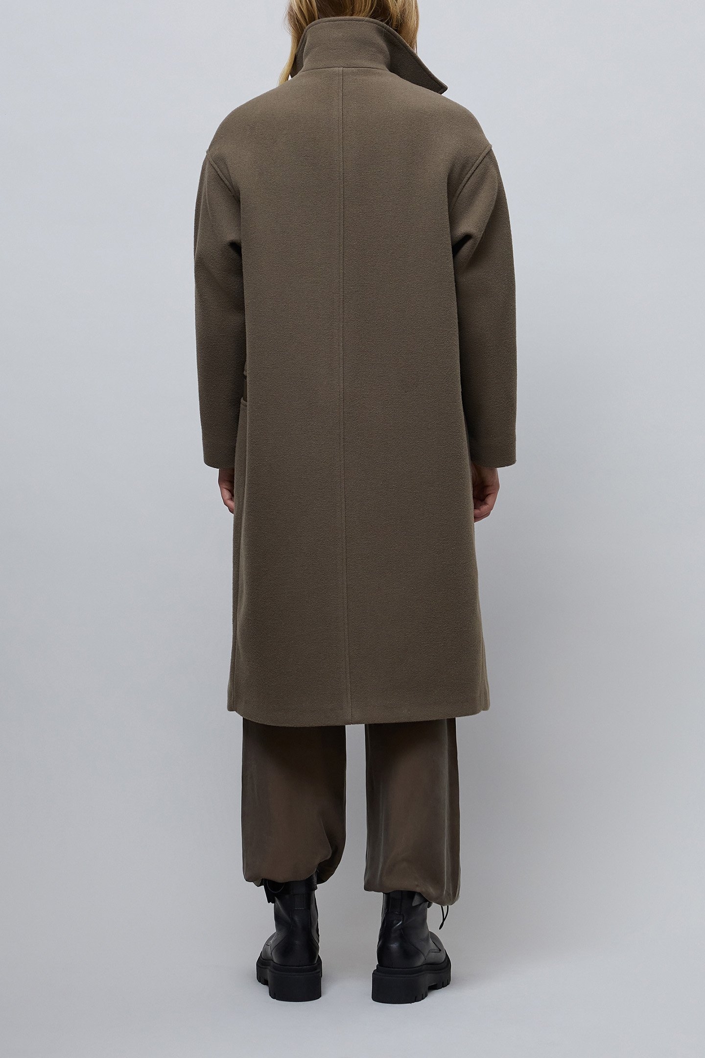 LONG KHAKI PEA COAT WITH STITCHED NYLON DETAILS 3