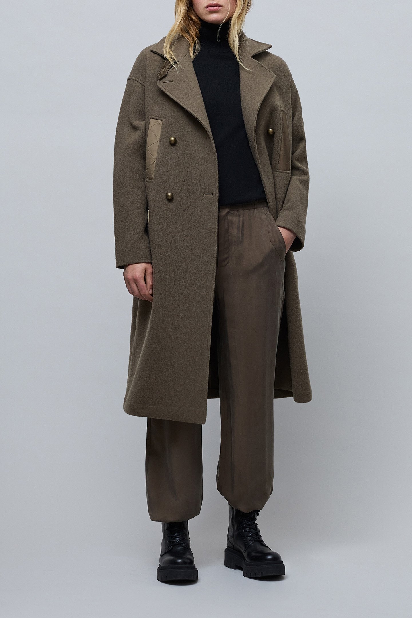 LONG KHAKI PEA COAT WITH STITCHED NYLON DETAILS 2