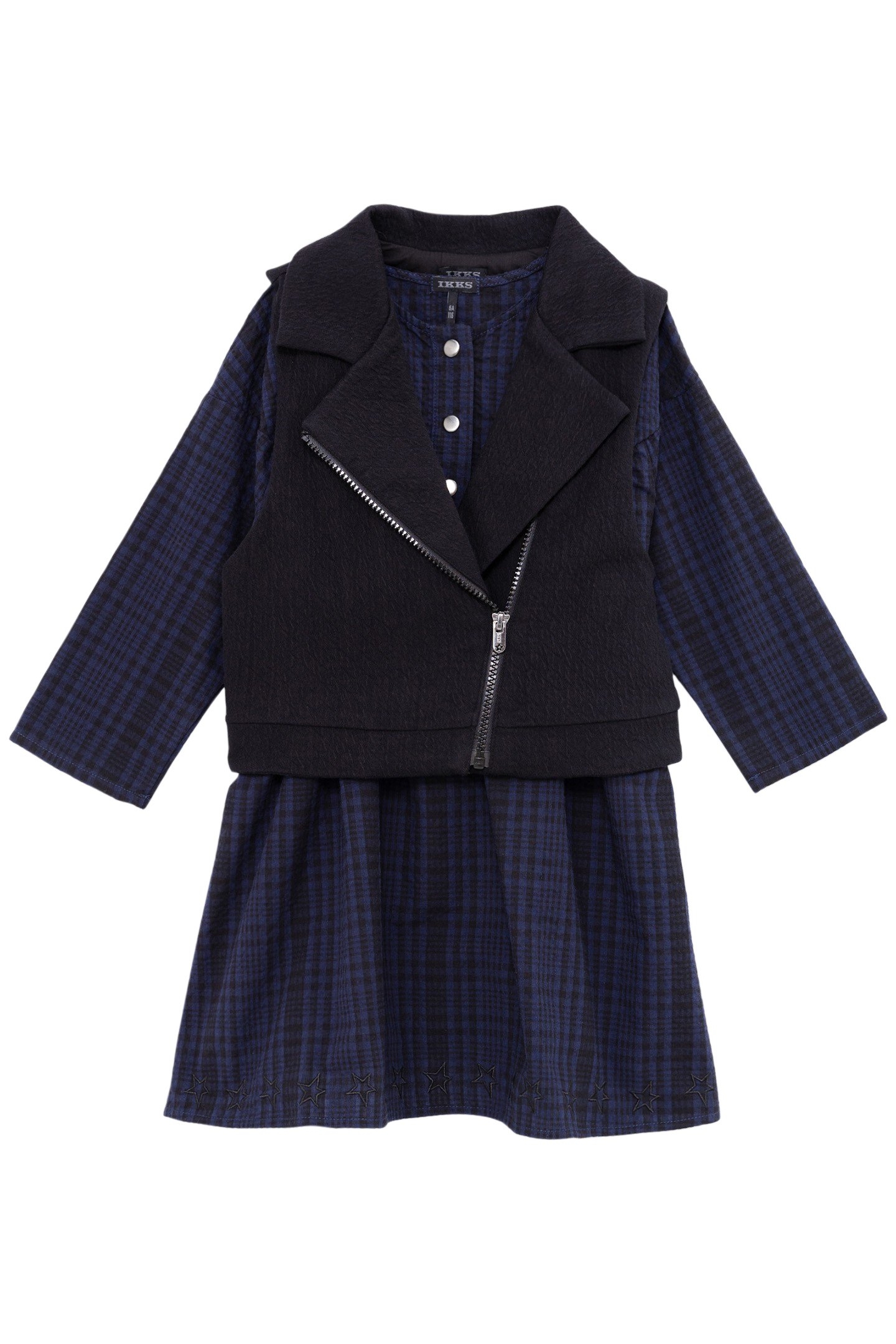 GIRL'S 2-IN-1 NAVY PLAID DRESS AND BIKER VEST 1