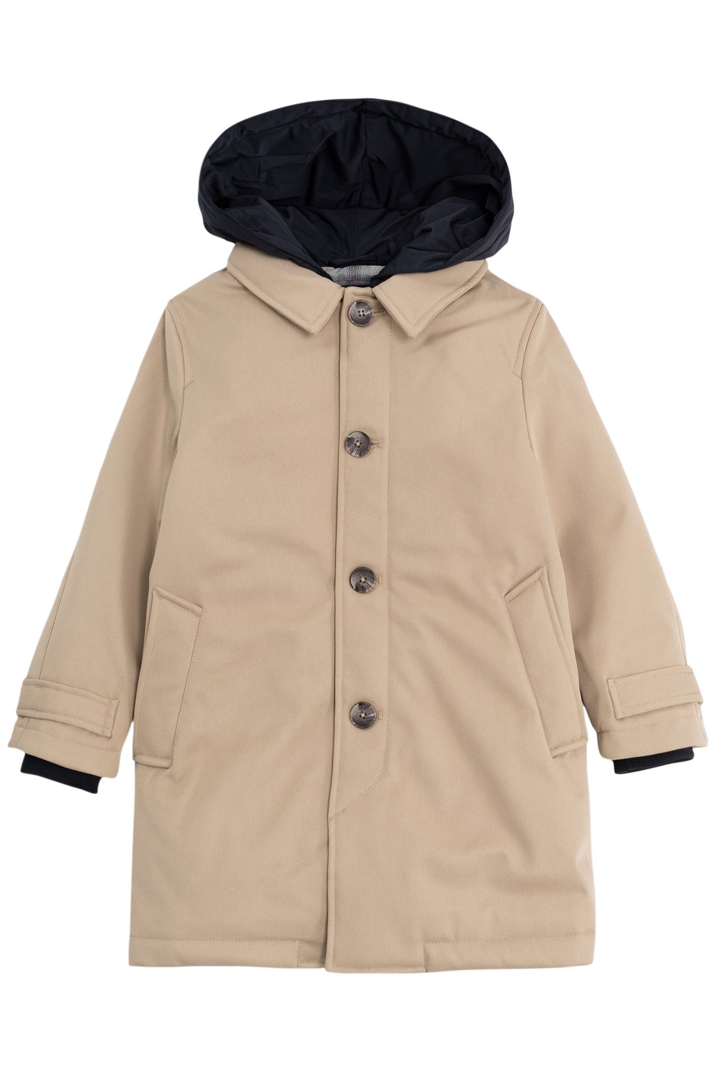 BEIGE TRENCH COAT WITH BOY'S HOODED TRIM 1
