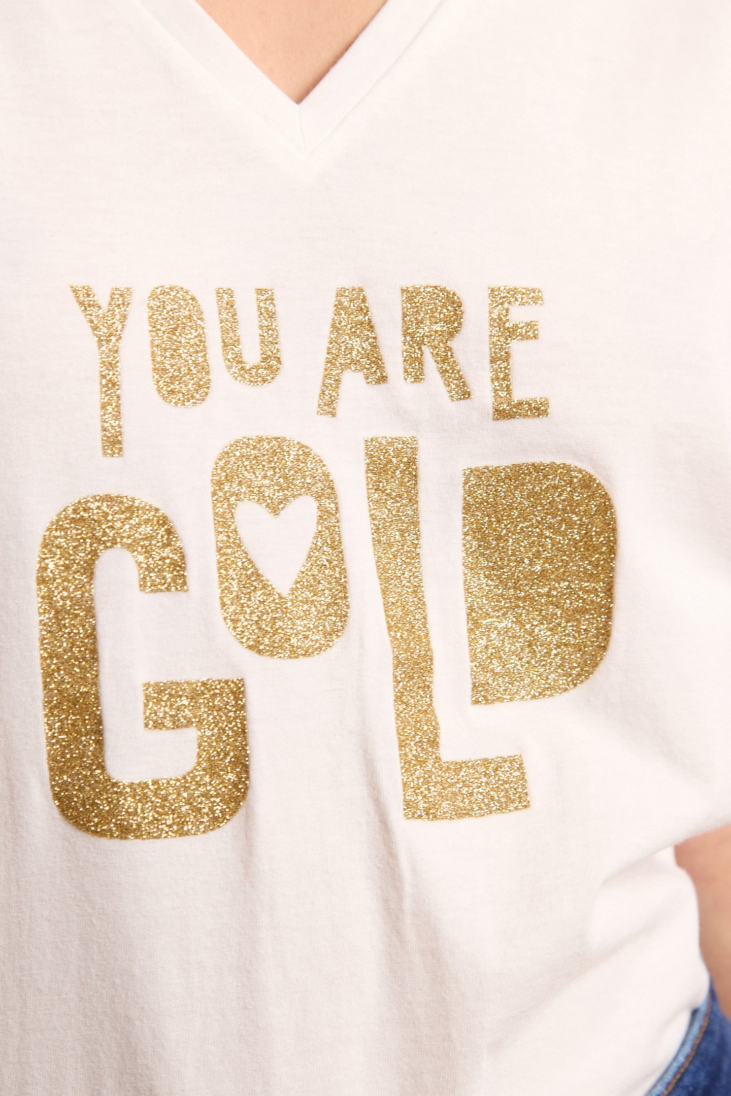 WHITE V-NECK TEE-SHIRT WITH GOLD MESSAGE 4