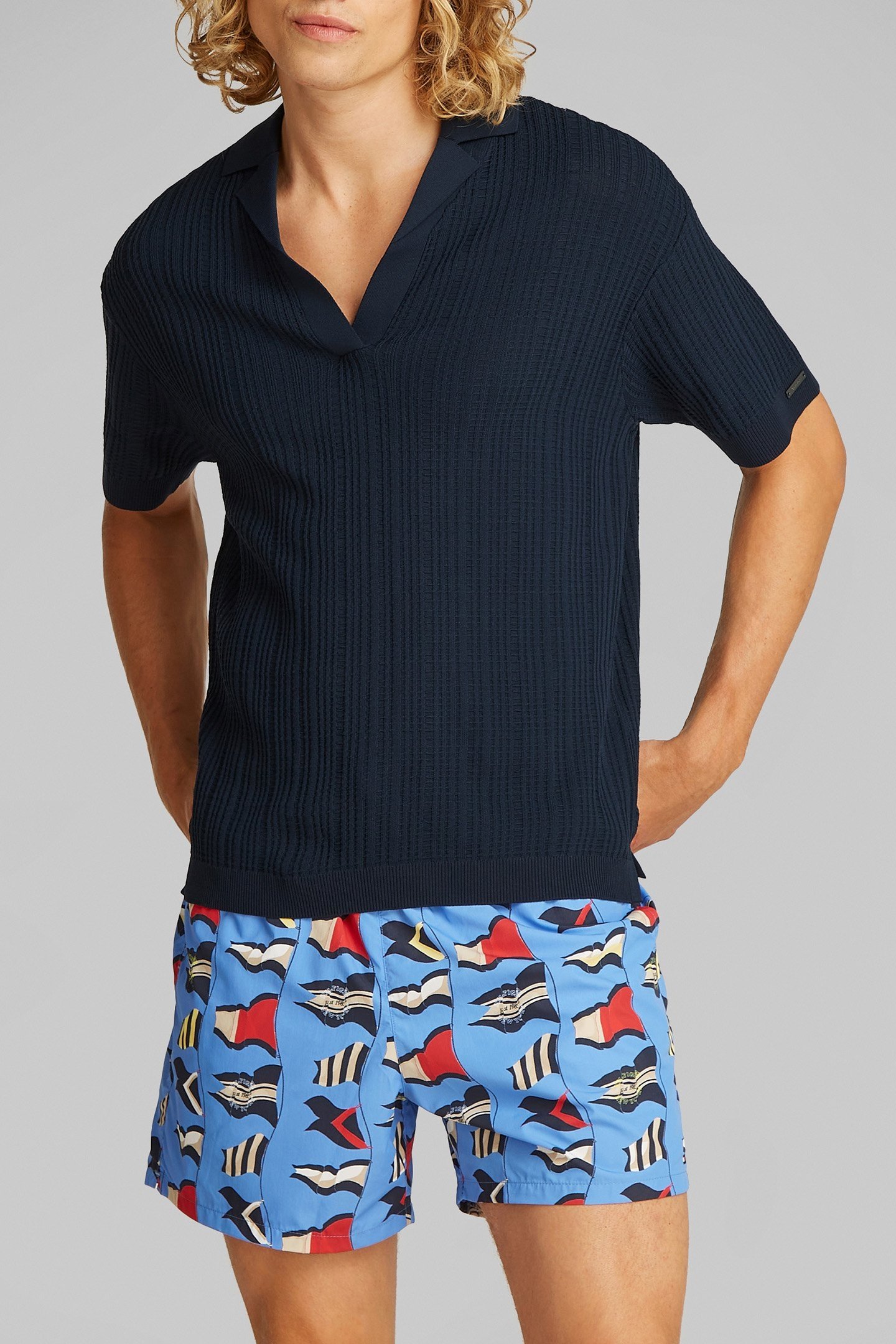 OPEN KNIT LONG FIT POLO DARK SAPPHIRE 1