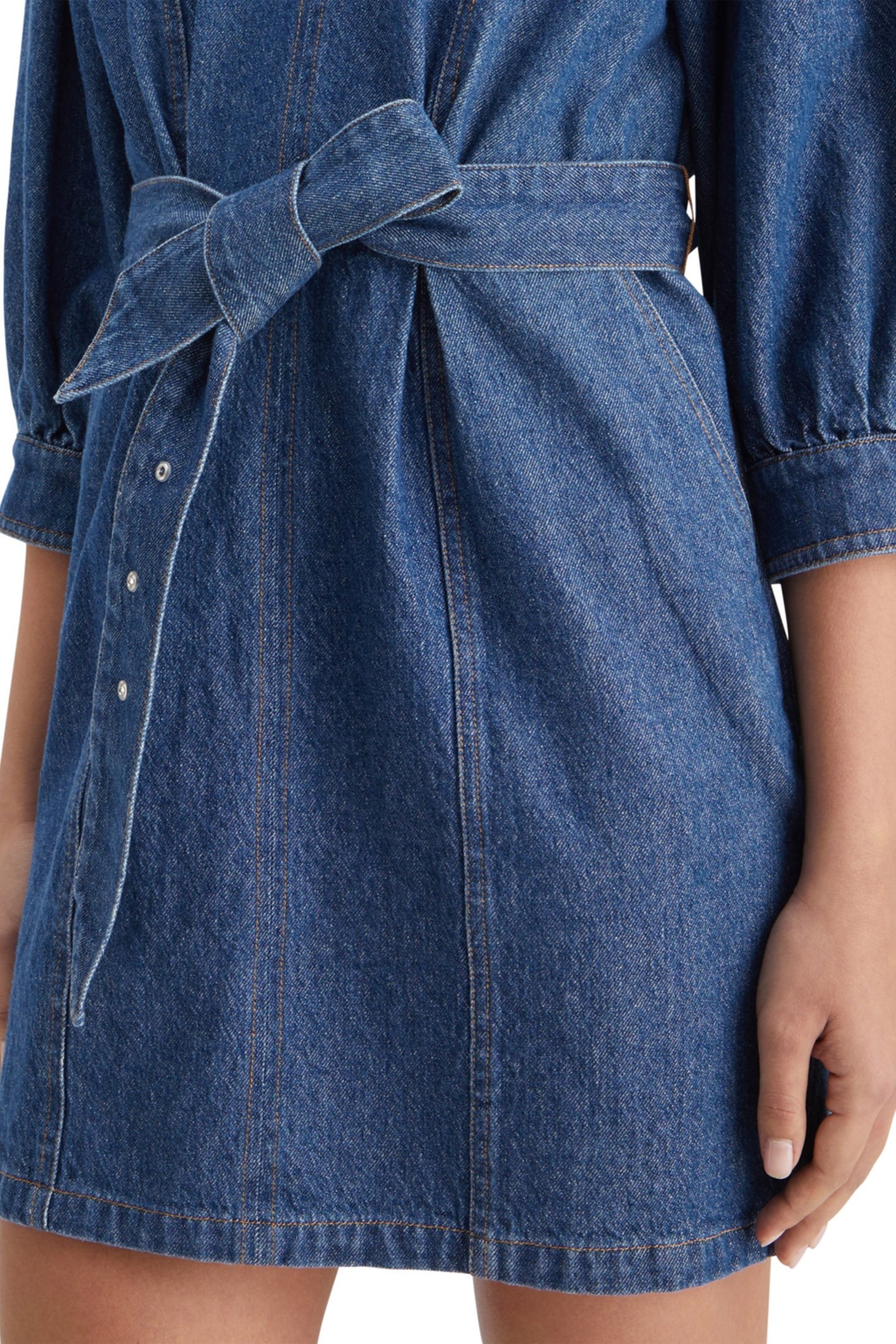 BELTED V - NECK WASHED DENIM DRESS WASHED INDIGO 7