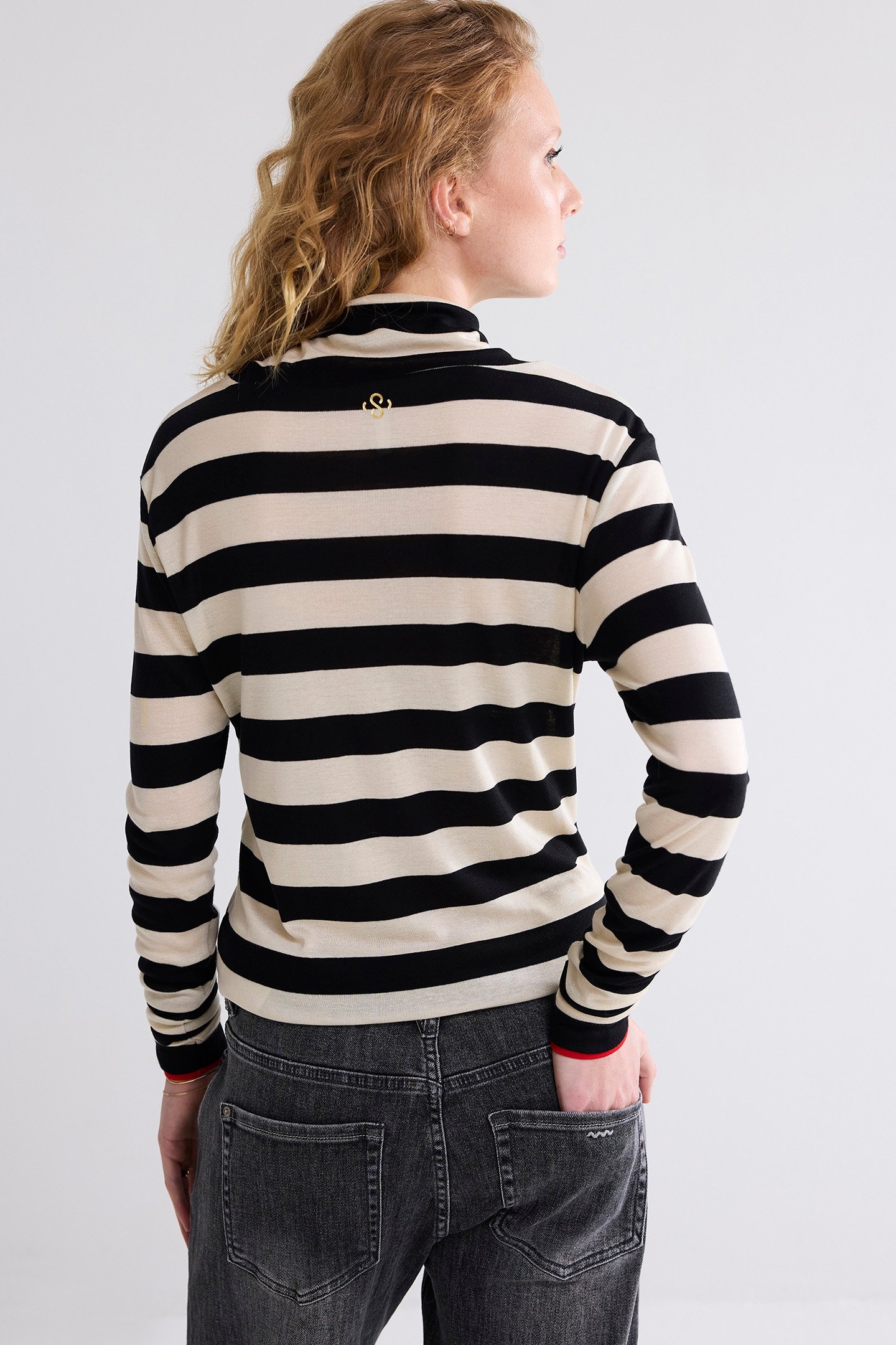 TURTLE NECK TOP SHEER JERSEY STRIPE BLACK 2