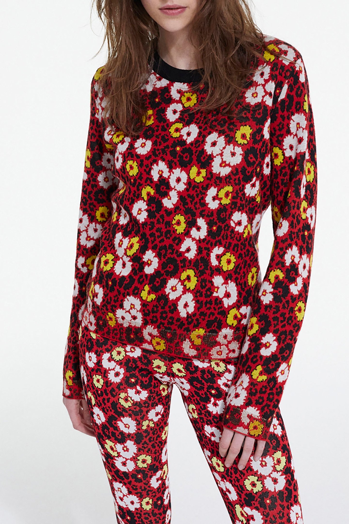 ROUND NECK SWEATER IN FLORAL JACQUARD DARK RED 1