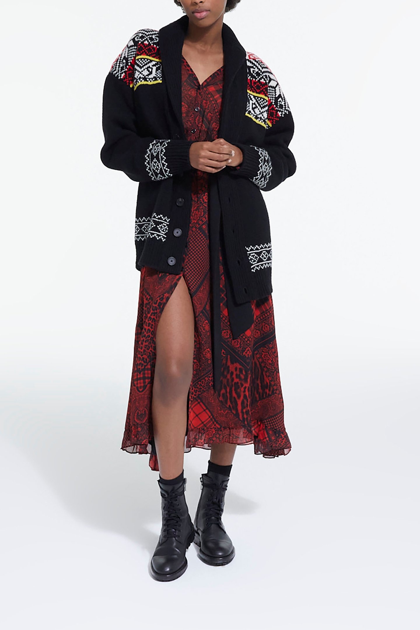 CARDGIGAN COL CHALE JACQUARD BLACK/RED/YELLOW 3