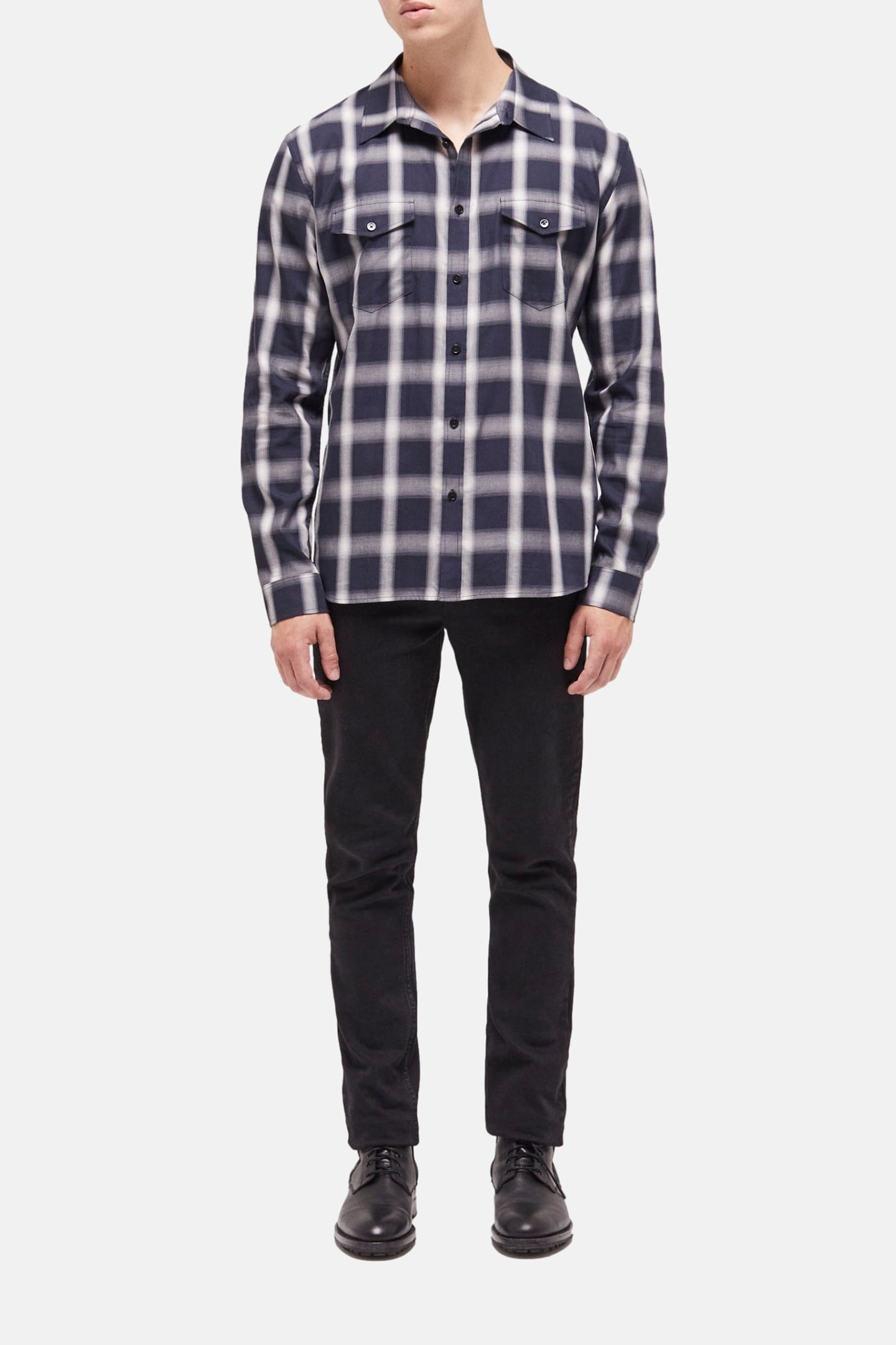 LONG SLEEVE SHIRT WITH CHECKED POCKETS NAVY ECRU 1
