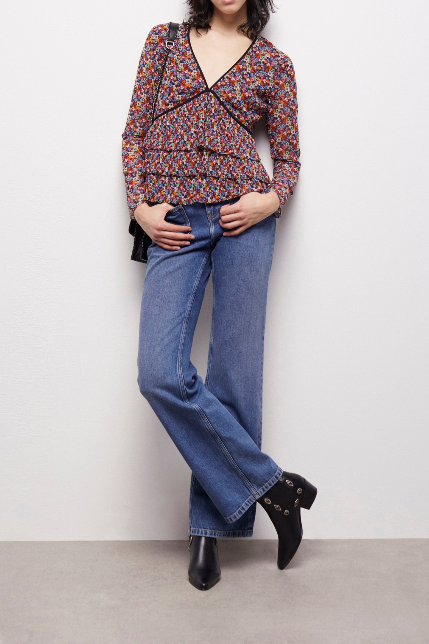 LONG-SLEEVED TOP WITH PLEATED RUFFLES AND V-NECK MULTICOLOR 1