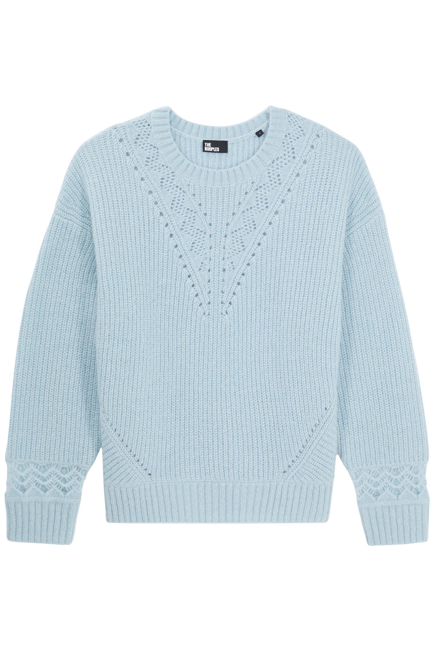 ROUND NECK SWEATER IN PEARL AND POINTELLE RIB BLUE GREY 3