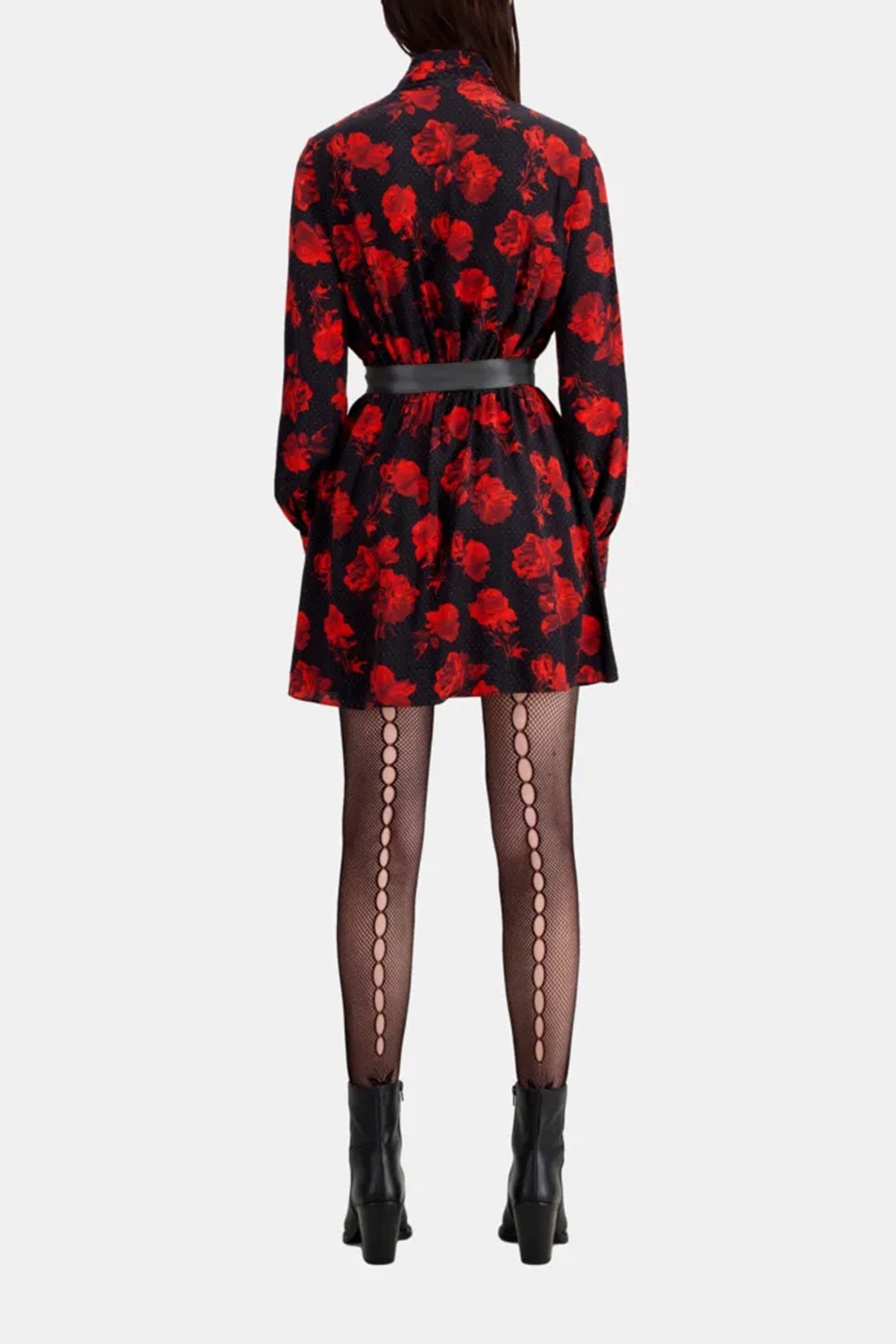 SHORT DRESS WITH BUTTONED PLEATED HIGH NECK BLACK-RED 2