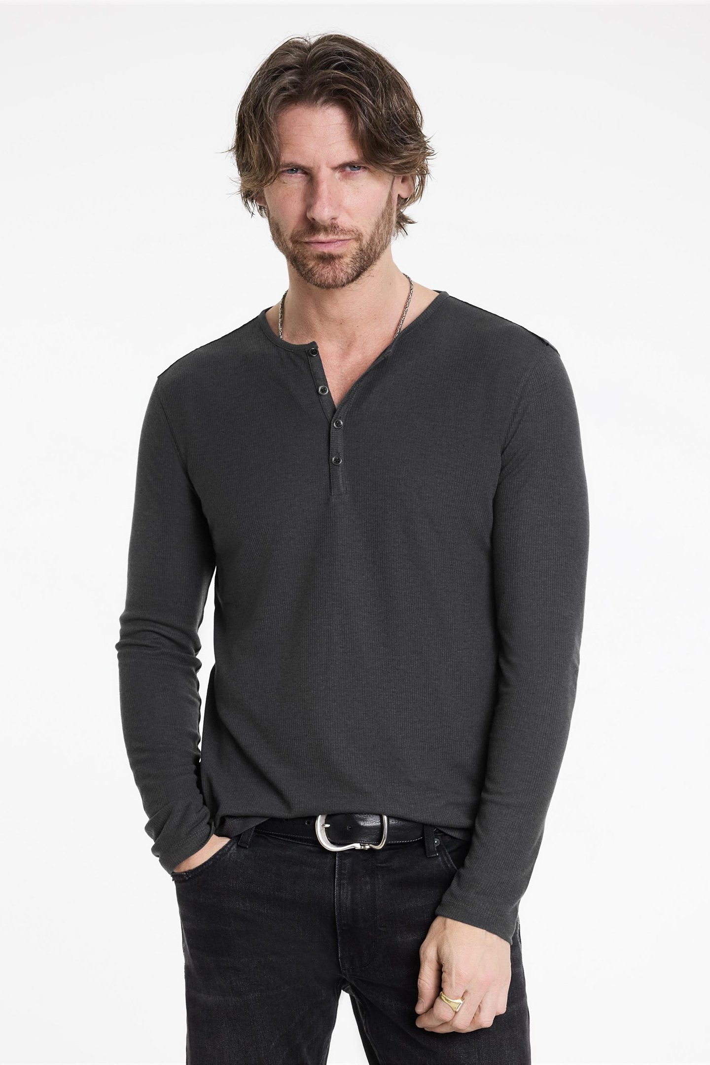 CARVER REGULAR FIT LS HENLEY WITH SHOULD CARBON GREY 1
