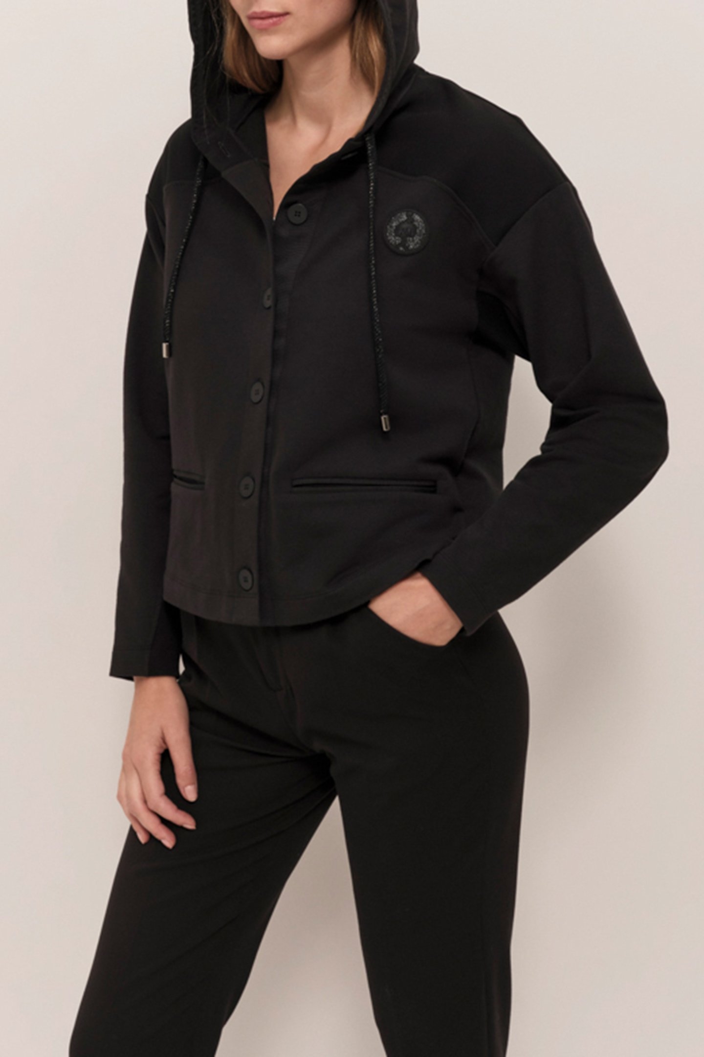 MABOIA - BLACK ZIP-UP HOODED CARDIGAN IN DUAL-MATERIAL FLEE 4