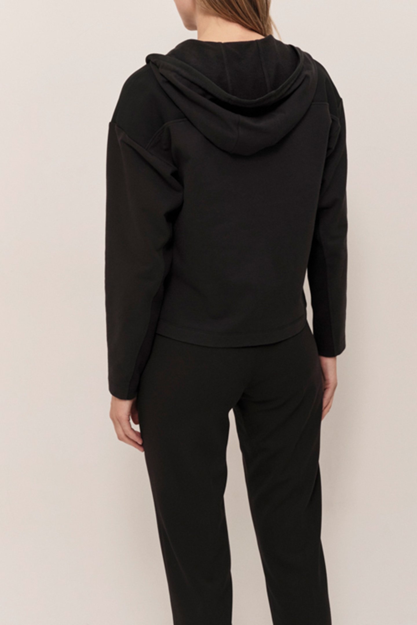 MABOIA - BLACK ZIP-UP HOODED CARDIGAN IN DUAL-MATERIAL FLEE 2