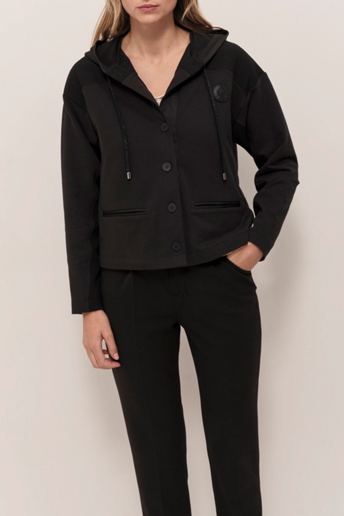 MABOIA - BLACK ZIP-UP HOODED CARDIGAN IN DUAL-MATERIAL FLEE 1