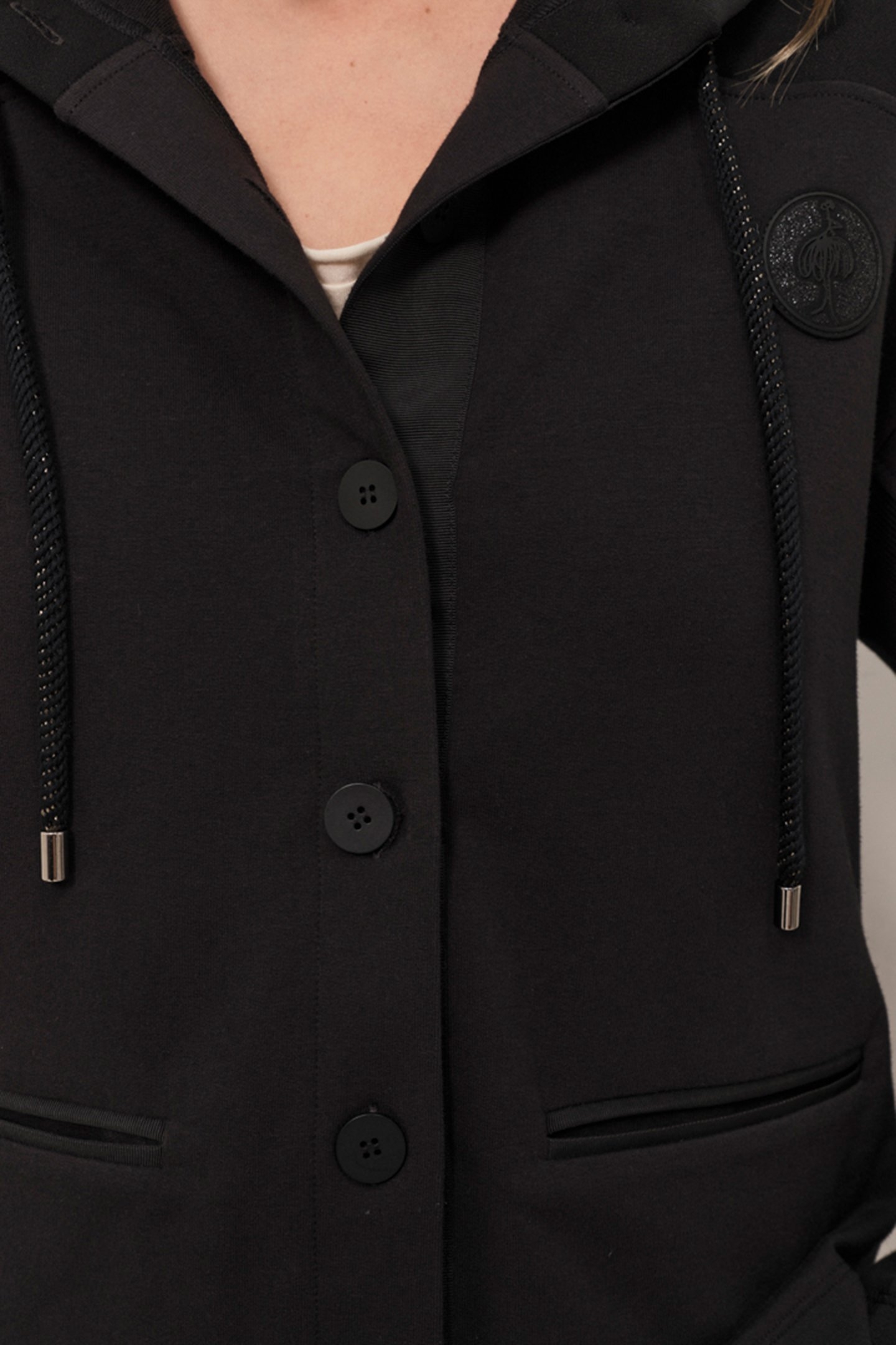 MABOIA - BLACK ZIP-UP HOODED CARDIGAN IN DUAL-MATERIAL FLEE 6