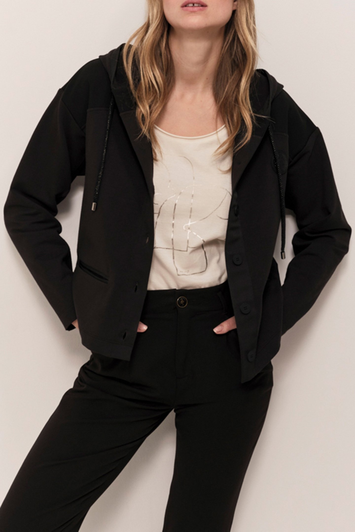 MABOIA - BLACK ZIP-UP HOODED CARDIGAN IN DUAL-MATERIAL FLEE 5