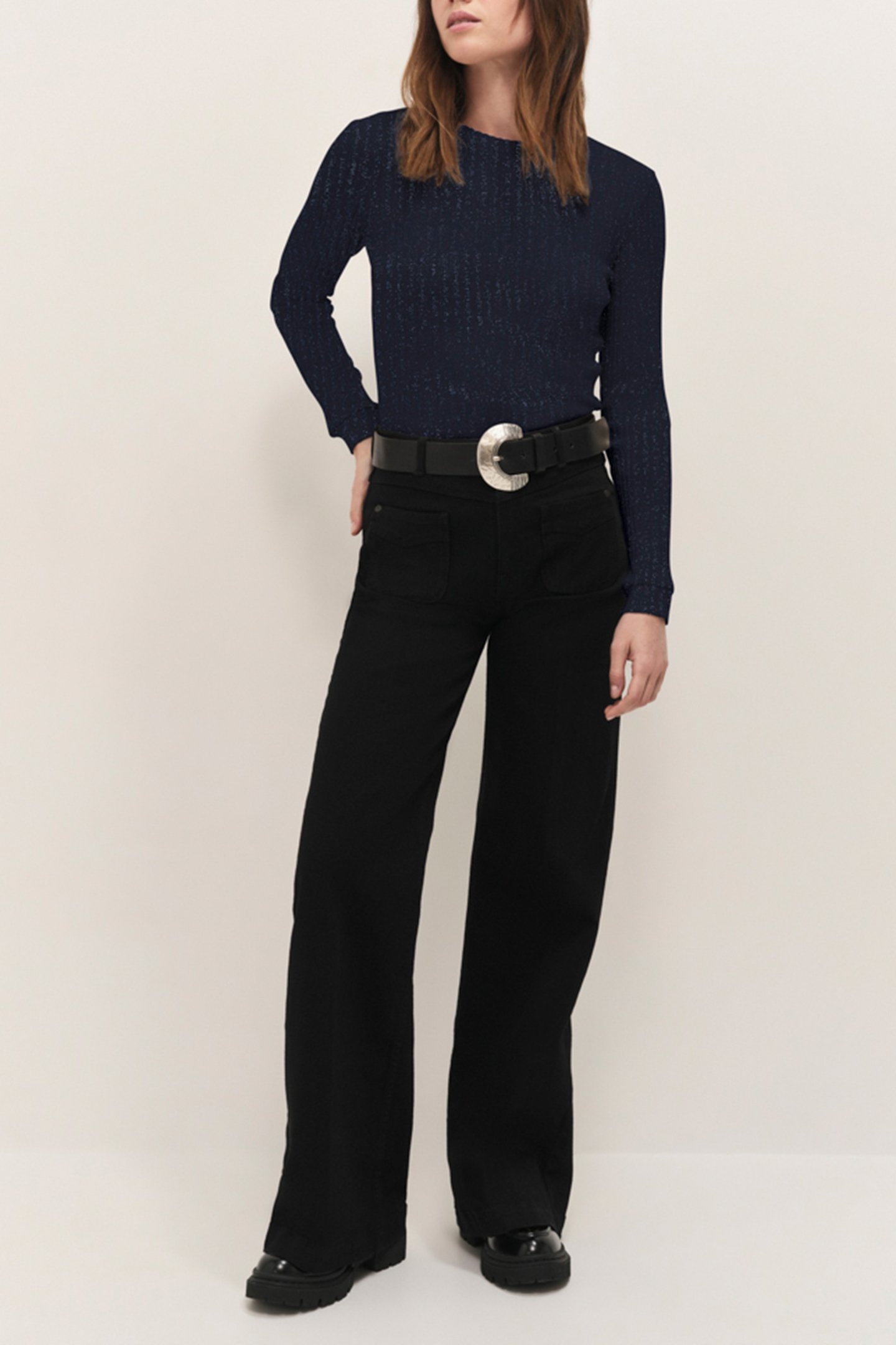 MALENE - NAVY BLUE RIBBED LUREX KNIT LONG-SLEEVED T-SHIRT 3