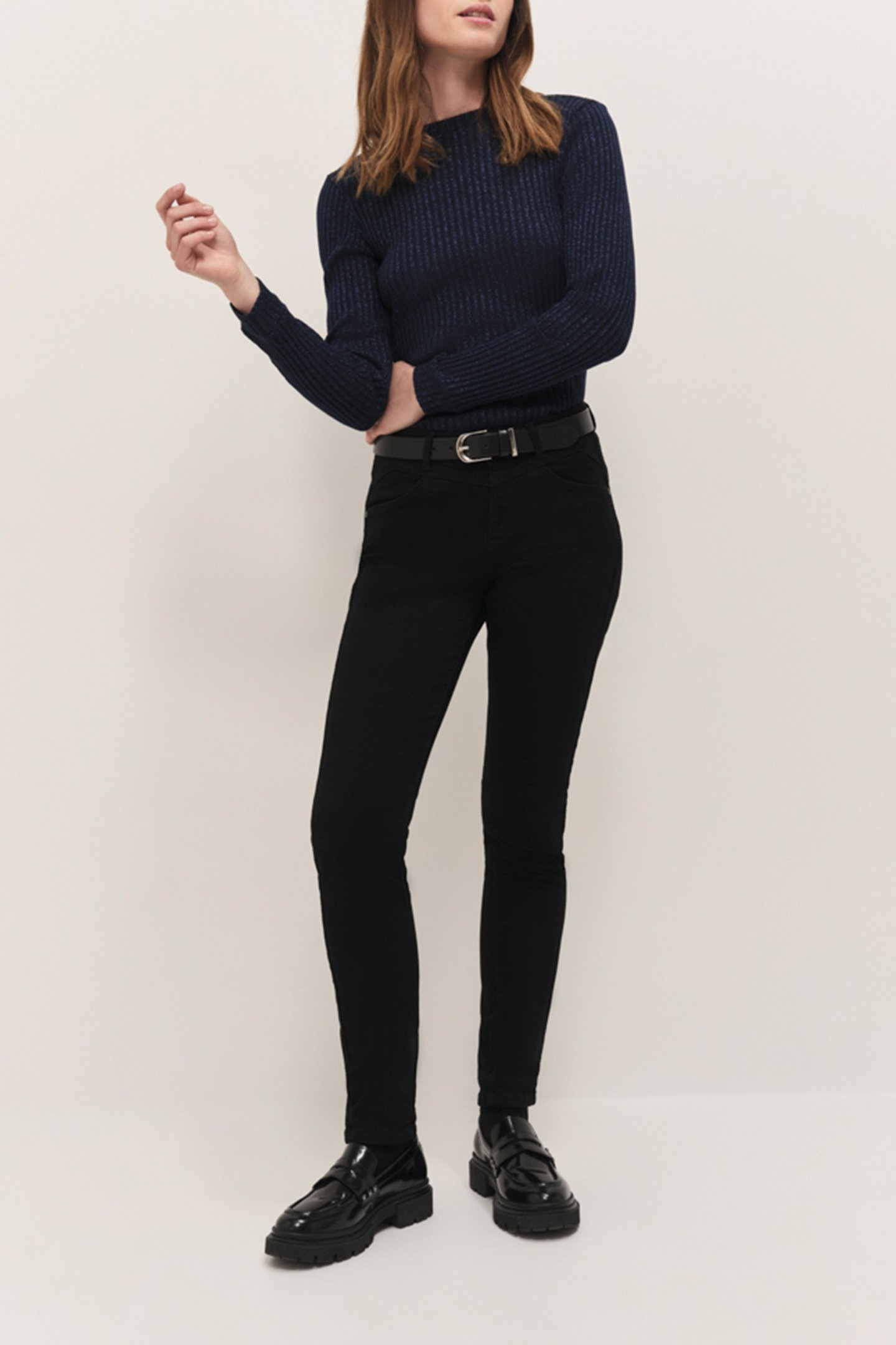 MALENE - NAVY BLUE RIBBED LUREX KNIT LONG-SLEEVED T-SHIRT 4
