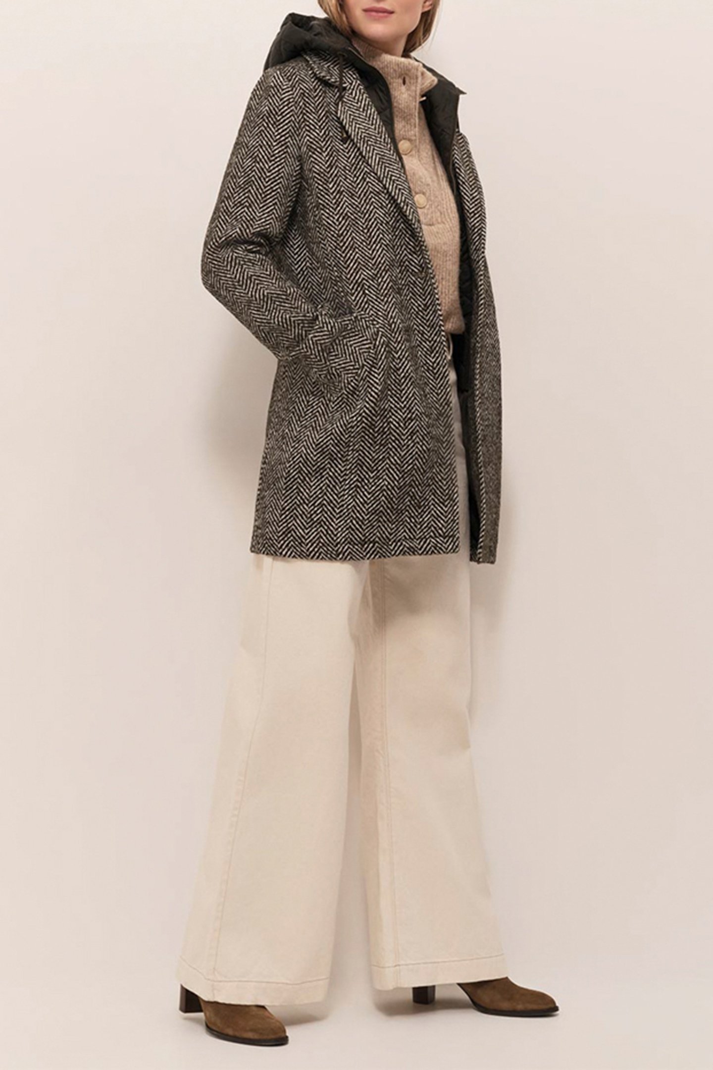 DEW - KHAKI WOOL COAT WITH HERRINGBONE PATTERN AND REMOVABLE 4