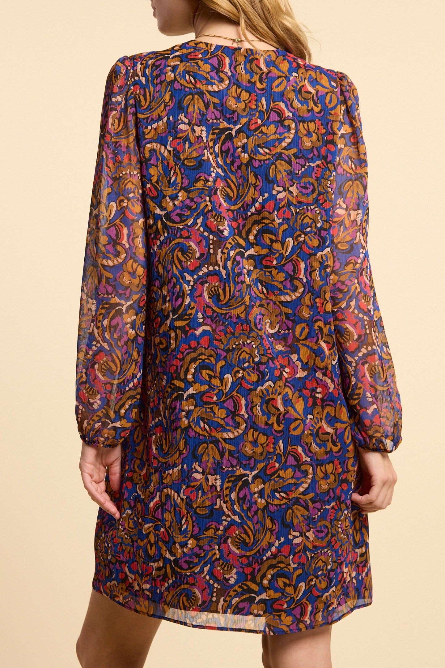 CAMEL DRESS WITH MULTICOLOUR PAISLEY PRINT 2