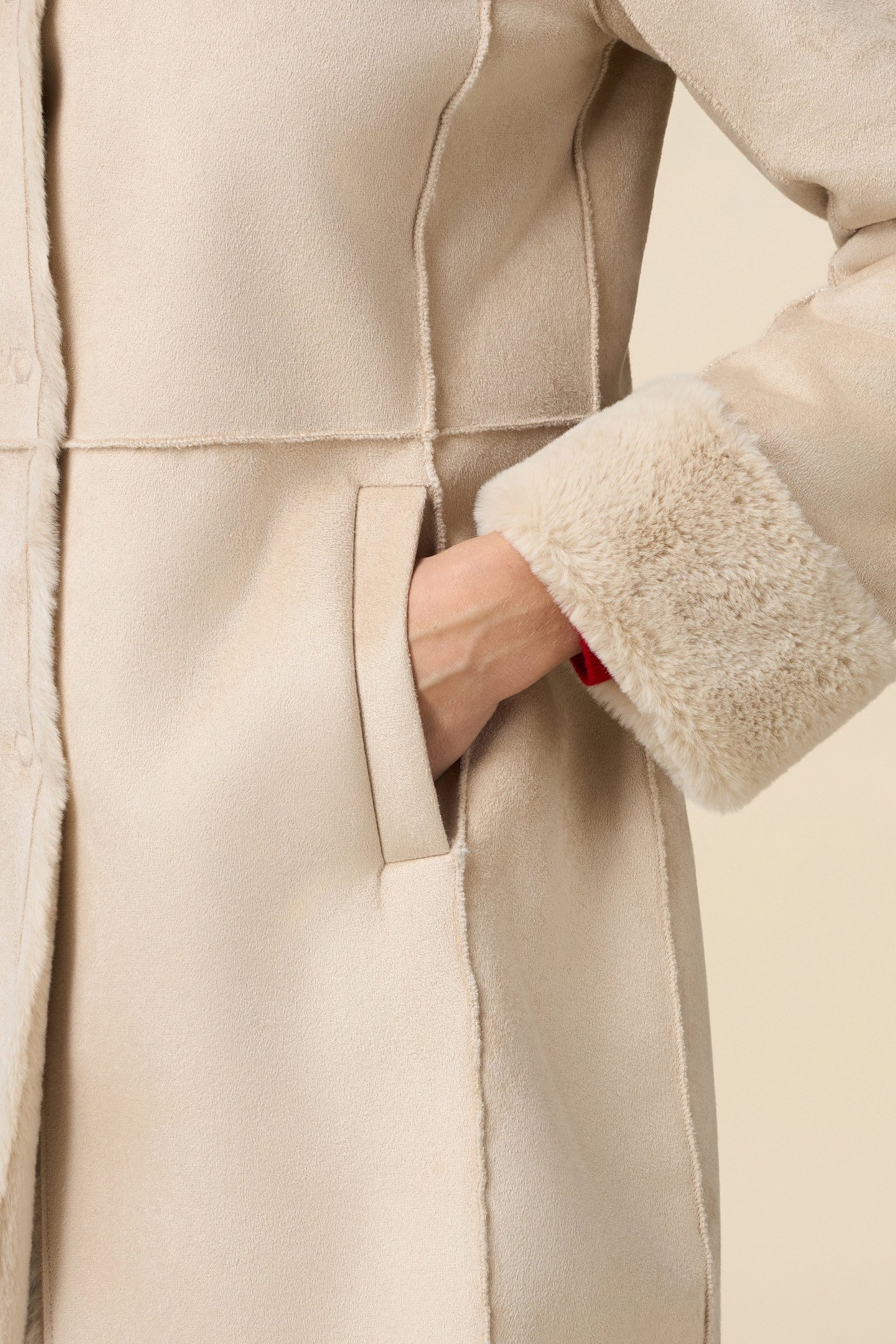 MIDI LENGTH FAUX SHEEPSKIN JACKET BEIGE 4