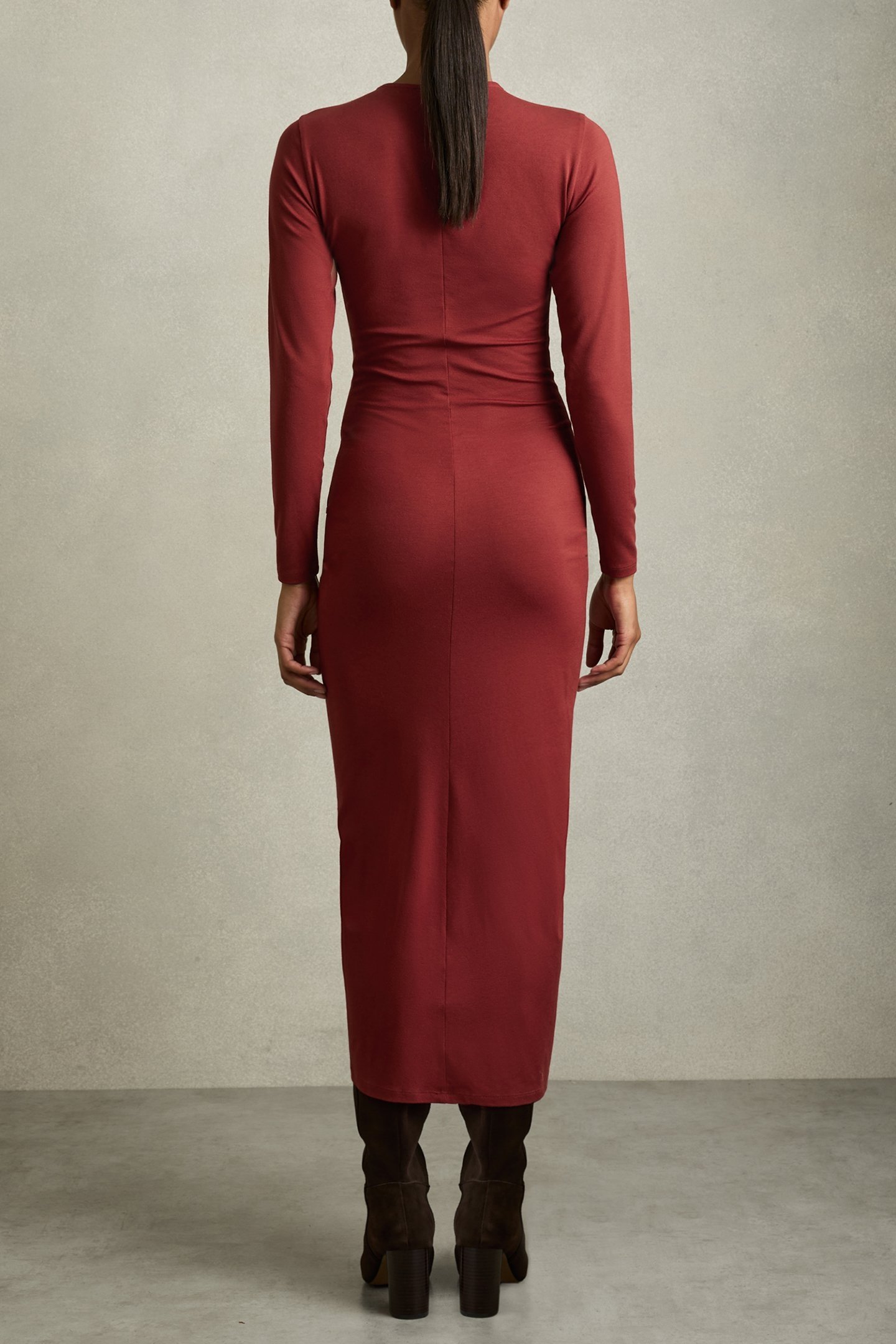 PLAIN RUCHED JERSEY DRESS BURGUNDY 3