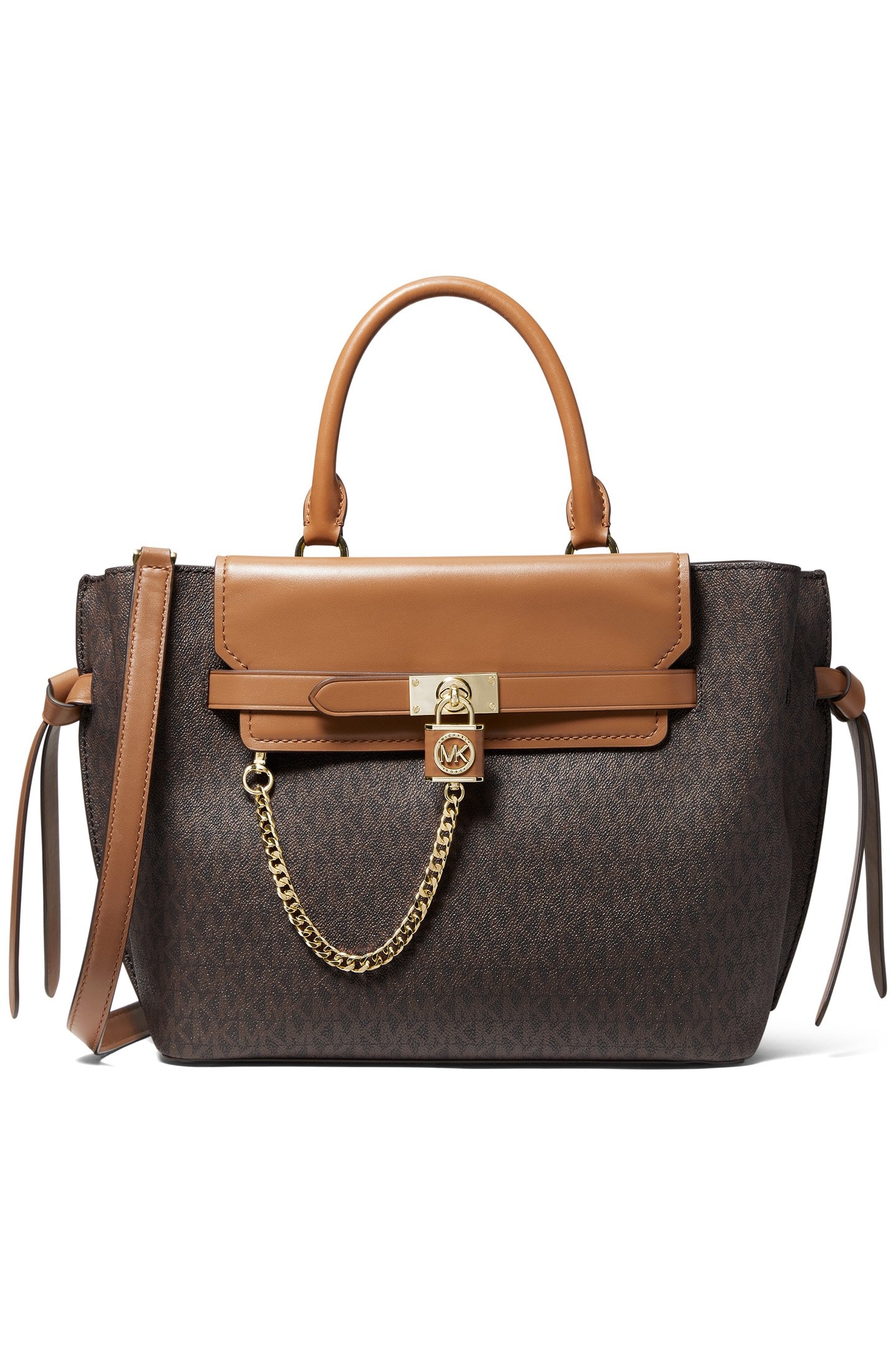 LARGE BELTED SATCHEL WITH CHAIN DETAIL IN BROWN 1