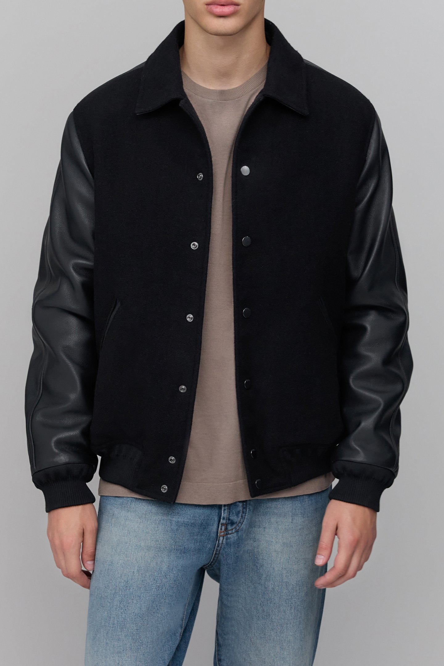 BLACK MIXED CHROME-FREE LEATHER VARSITY JACKET BLACK 1