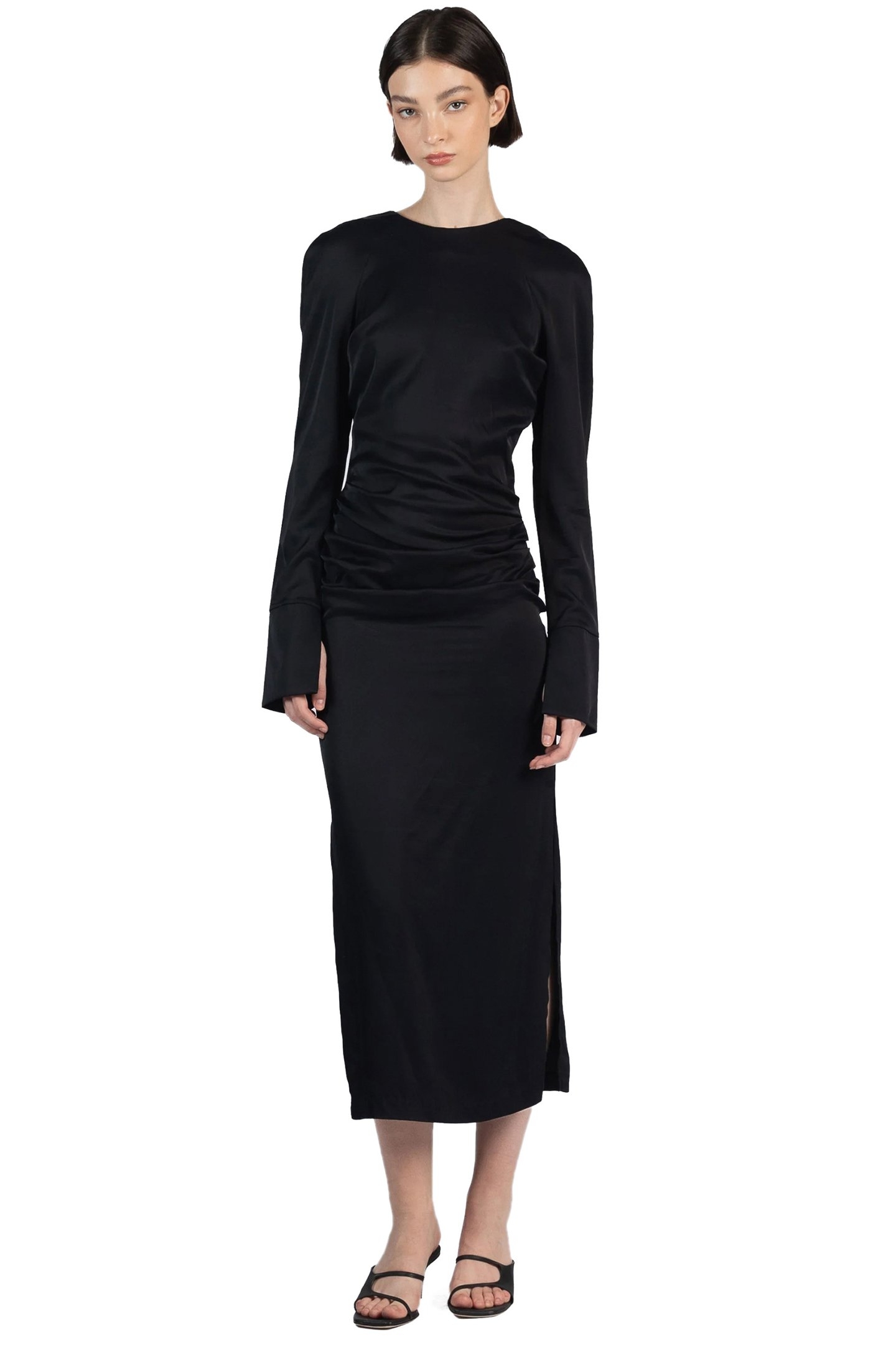GATHERED LONG SLEEVE DRESS BLACK 1